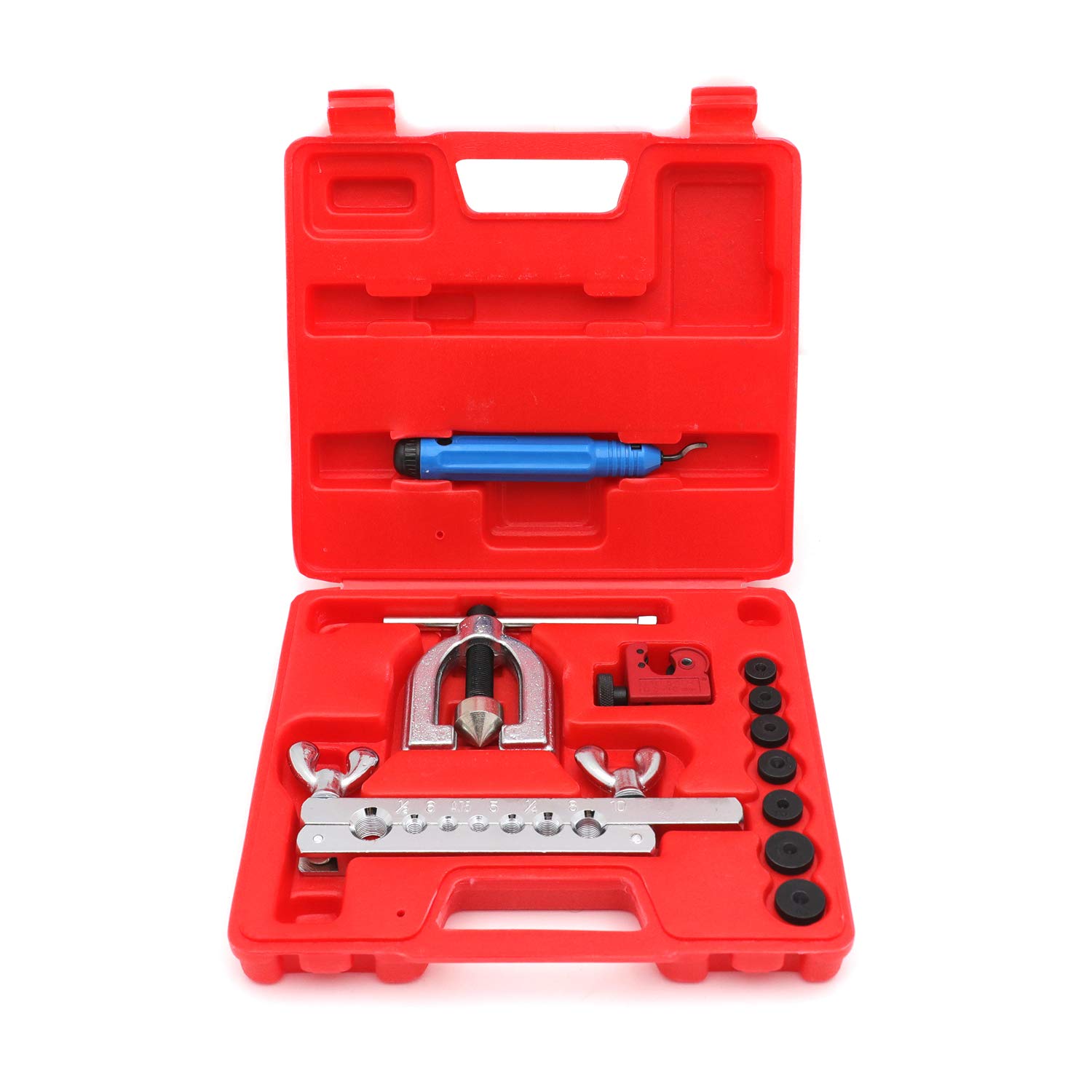 HK-7 Dies Double Flaring Tool Kit for Brake Lines - Professional Copper & Brass Tubing Flaring Tool with Case - Perfect for Car, Truck, and Mini Pipe Repair - Includes Cutter & Deburrer (ET-TOOL025-RED) - Ideal for DIY Auto Maintenance and Professional Mechanic Workshops