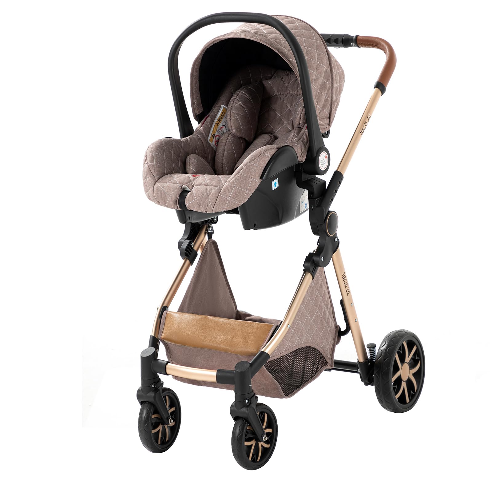 3 in 1 Baby Travel System - Reversible Stroller, Foldable Luxury Pram Buggy for Newborn & Toddler, Portable Pushchair with High Landscape View (MGV9-KHAKI Without Base) - Perfect for Shopping, Travel & Daily Walks