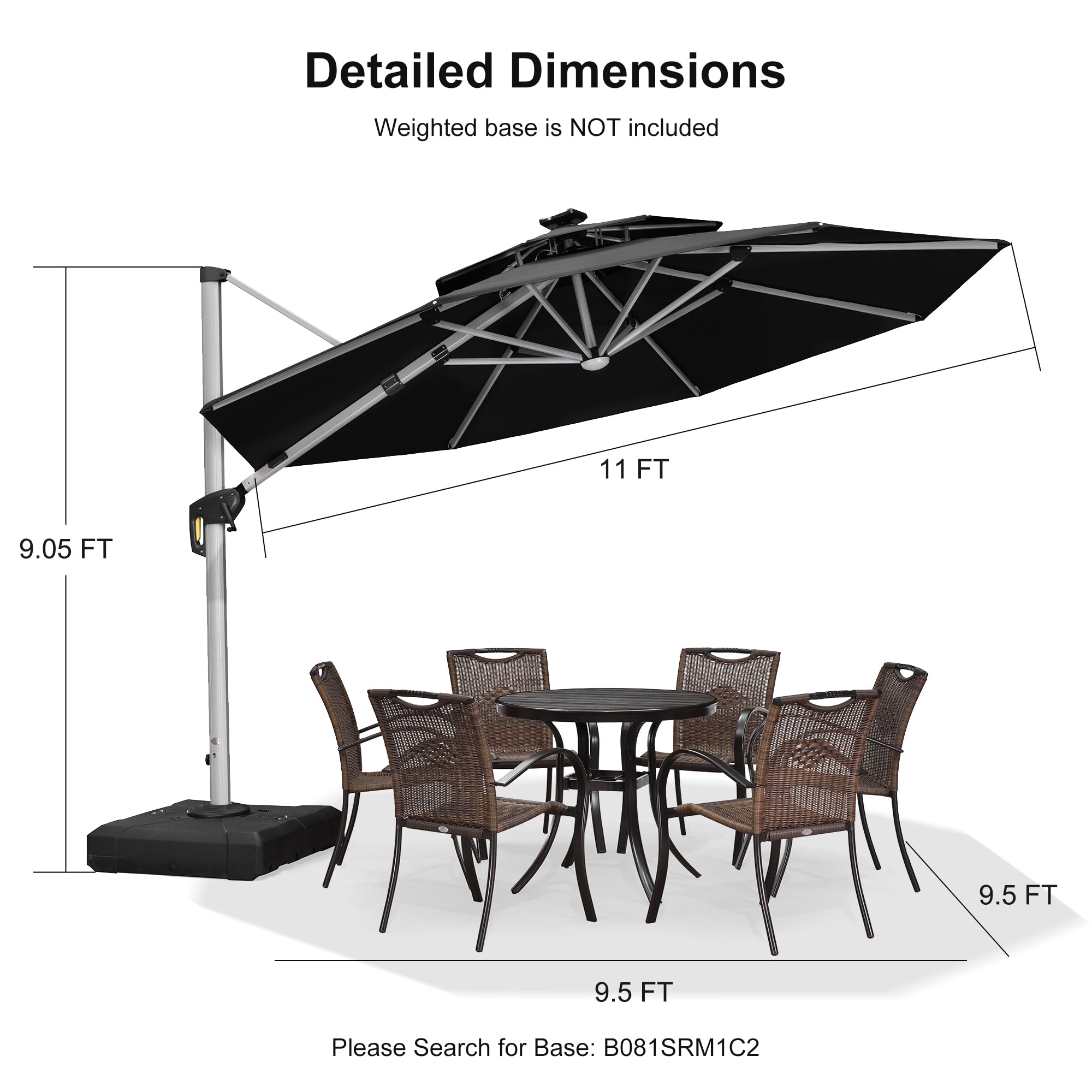 PURPLE LEAF 11ft Solar Powered LED Patio Umbrella - Large Windproof Cantilever Outdoor Umbrella with LED Lights - Heavy Duty Sun Shade for Garden, Deck, Pool & Backyard (Black) | Perfect for Outdoor Dining, Lounging and Entertaining