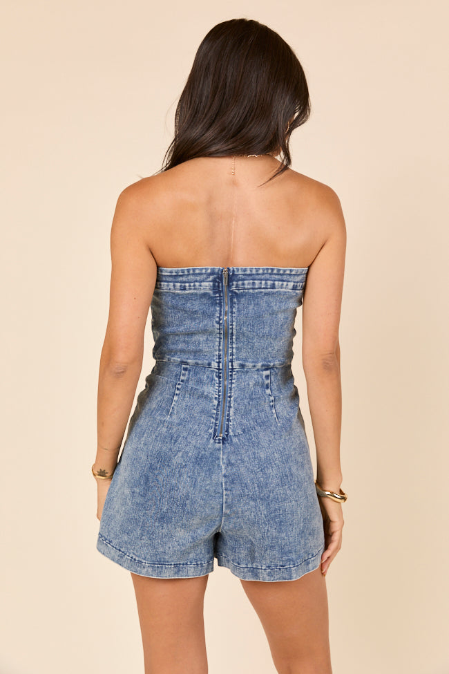 Strapless Denim Wrap Romper for Women - Stylish Summer Jumpsuit with Adjustable Tie Waist | Perfect for Beach, Vacation, and Casual Outings