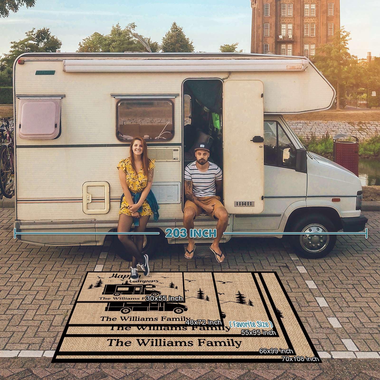 Custom RV Rug - Happy Campers Outdoor Camping Mat 48x72 Inch for Trailers, Patio & Floor - Waterproof Durable RV-13 Decor - Perfect for Camping Trips, Picnics & Outdoor Gatherings