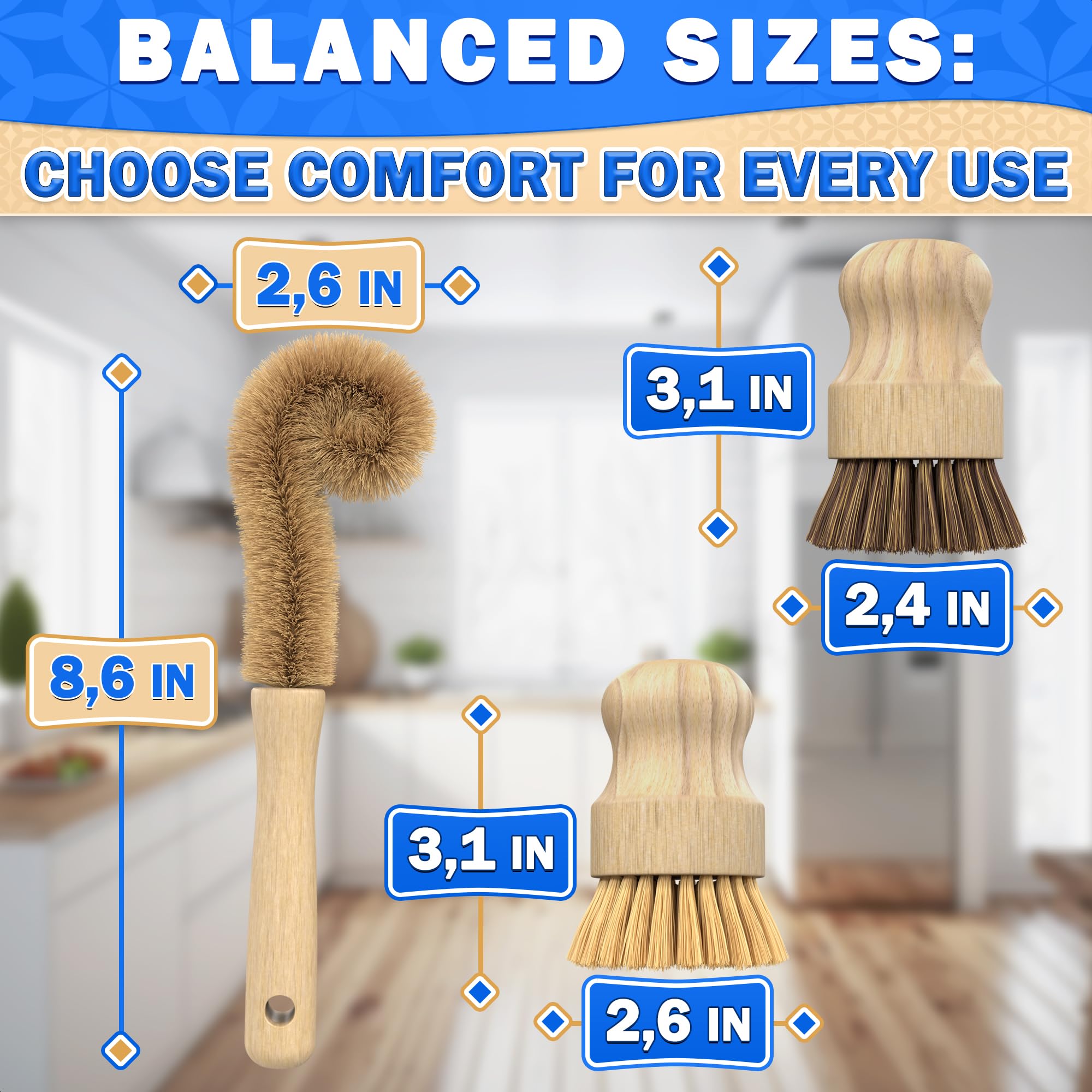 5Pcs Eco-Friendly Bamboo Dish Brush Set - Wooden Scrub Brush for Kitchen, Pots & Pans - Natural Dishwashing Brush with Ergonomic Handle - Perfect for Sustainable Cleaning & Zero Waste Lifestyle