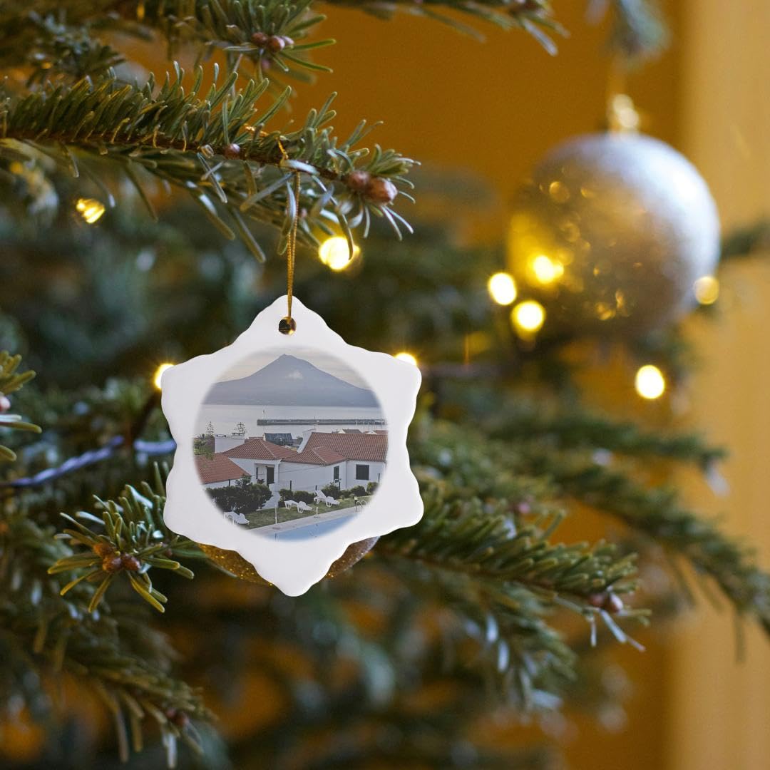 3dRose Traditional White Houses & Architecture in Horta, Faial Island with Pico Volcano Background - Christmas Snowflake Ornament for Tree Decor, Holiday Gift