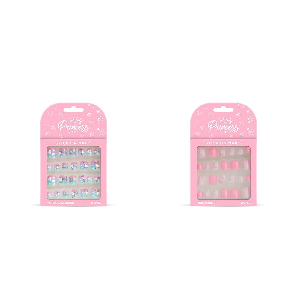 Princess By RENEE Stick On Nails - 24 Reusable Artificial Nail Set with Rainbow Unicorn & Pink Marble Designs | Lightweight, Long Lasting, Easy to Apply | Perfect for Parties, Weddings, and Special Occasions