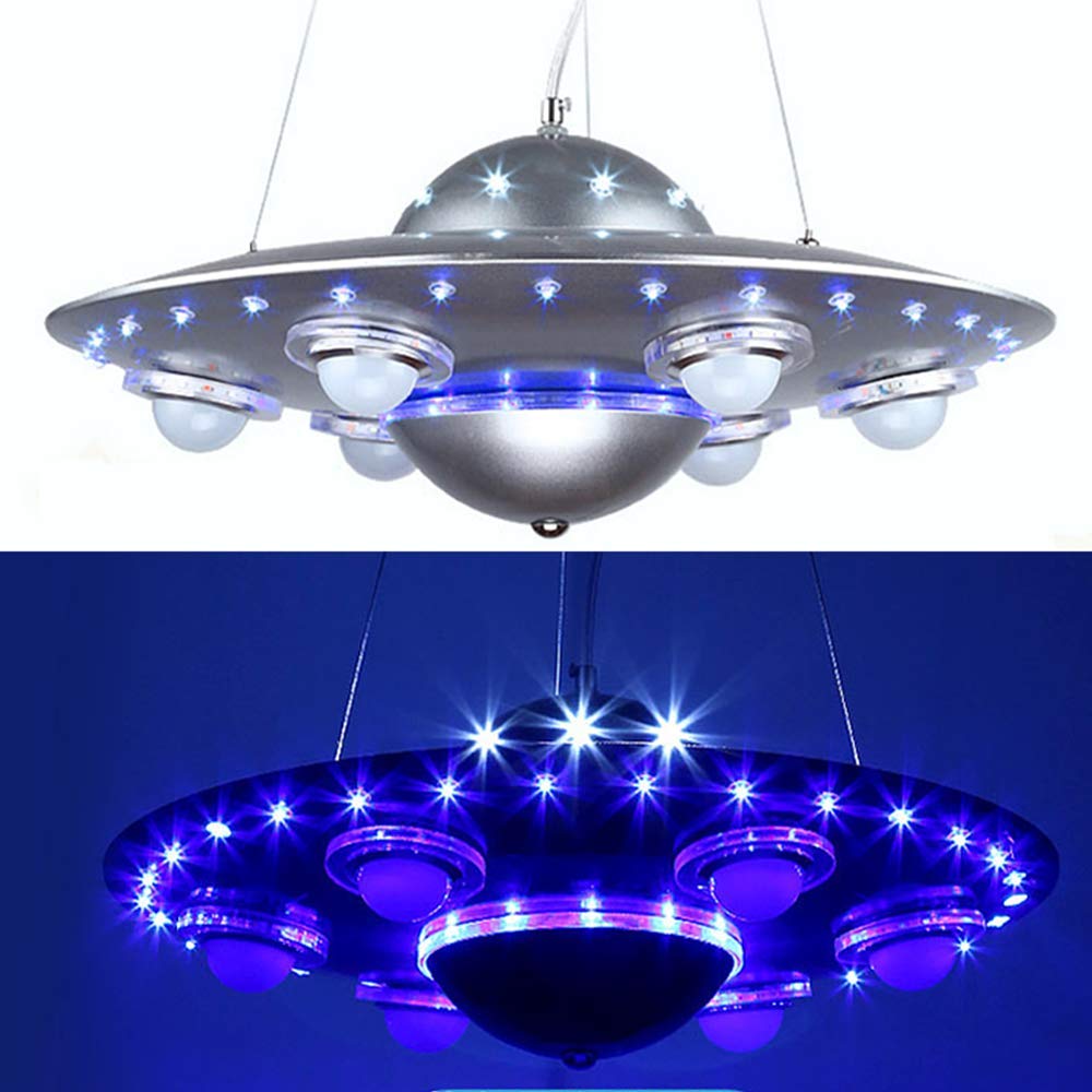 LAKIQ UFO LED Chandelier for Kids Room - 6 Lights Hanging Pendant Light for Bedroom & Nursery (Silver) - Perfect for Boys & Girls Rooms