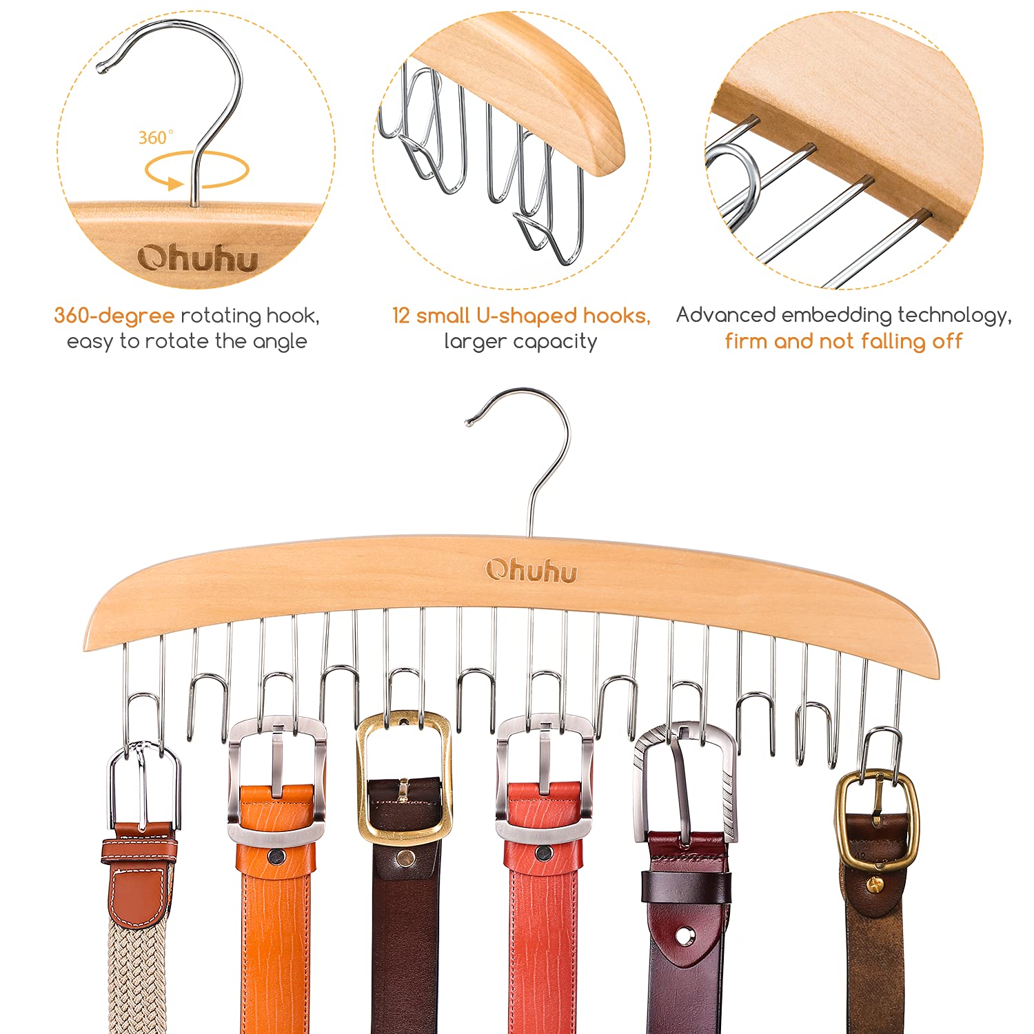 Ohuhu 12-Hook Rotating Belt Hanger Organizer - Wooden Space-Saving Rack for Belts, Ties, Scarves & Accessories (2-Pack) | Perfect for Closet, Bedroom & Dorm Organization