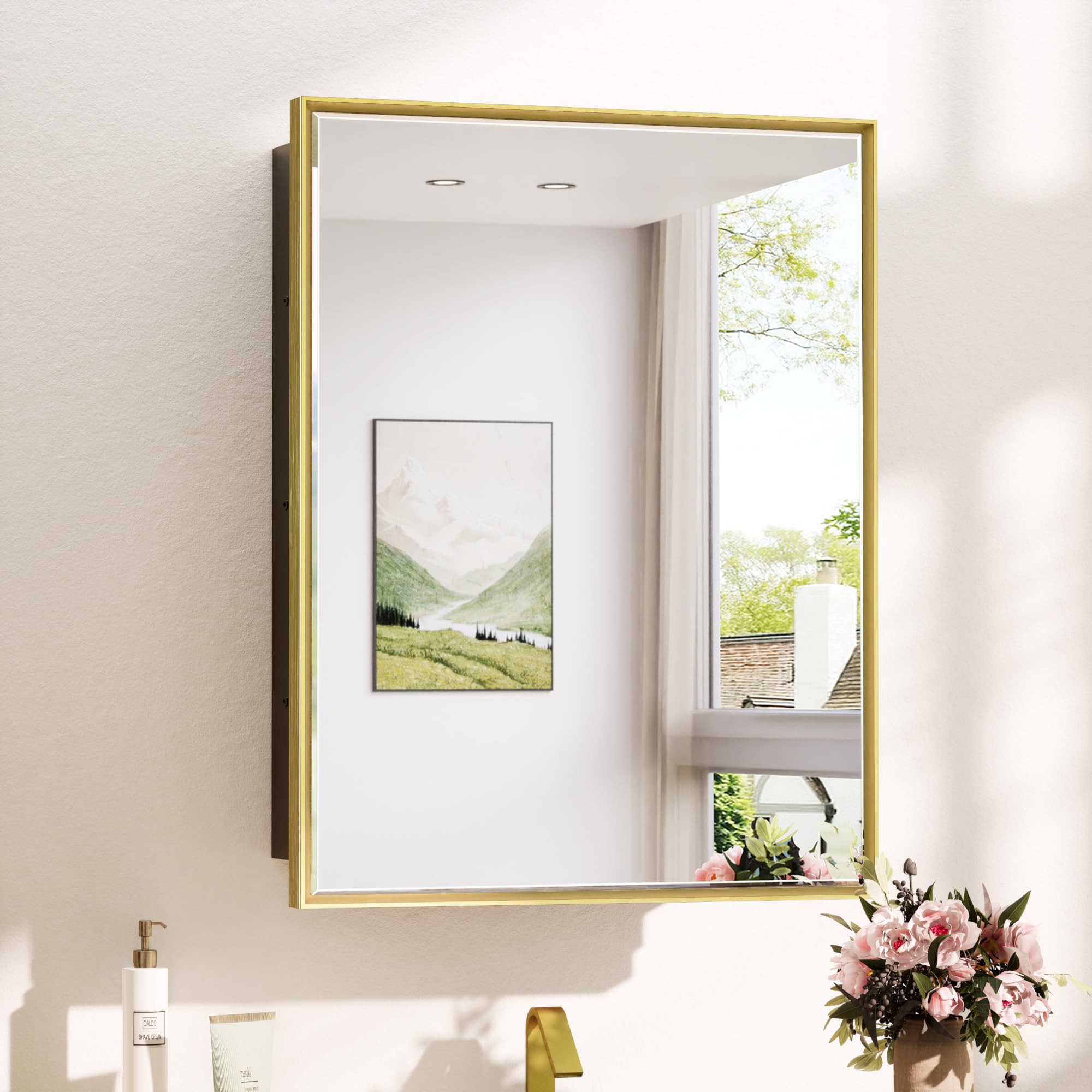 TokeShimi 20x26 Inch Recessed Medicine Cabinet with Mirror - Wall Mounted Bathroom Storage, Aluminum Gold Framed Vanity Cabinet with Beveled Edge Mirror for Bathroom, Bedroom, or Powder Room Organization