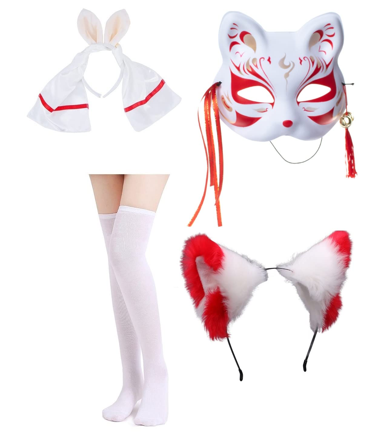Japanese Anime Red and White Fox Kimono Cosplay Costume with Tabi Socks - Perfect for Halloween, Cosplay Events, and Anime Conventions