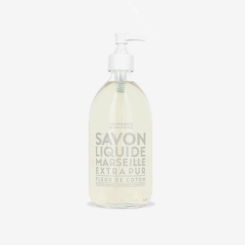 Compagnie de Provence Liquid Marseille Soap with Cotton Flower - Natural French Hand & Body Wash for Sensitive Skin - Perfect for Daily Cleansing, Baby Care & Eco-Friendly Home Use