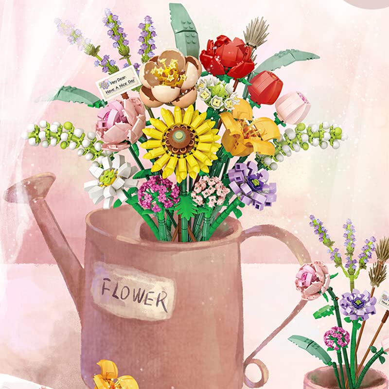 Flower Bouquet Building Blocks Kit - DIY Artificial Flowers for Stress Relief & Mindfulness | Creative Birthday Gift for Adults & Teens | Perfect for Home Decor, Office Desk & Relaxation Therapy