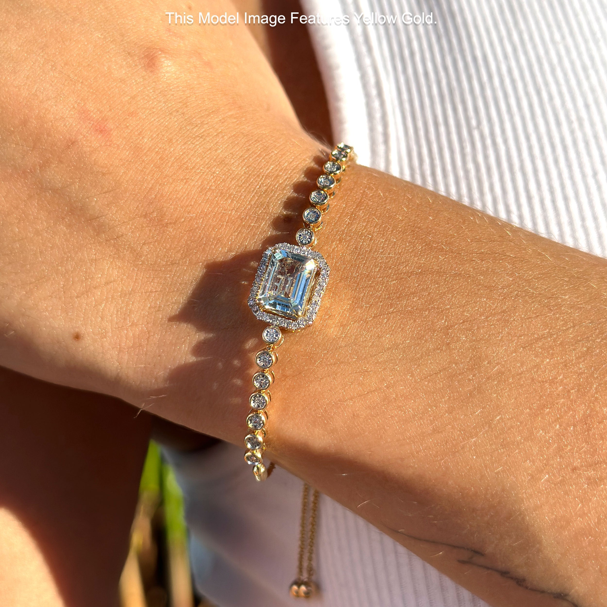 14K White Gold Emerald Cut Aquamarine Adjustable Bolo Chain Bracelet with Natural Diamonds | Elegant Jewelry for Weddings, Anniversaries & Special Occasions