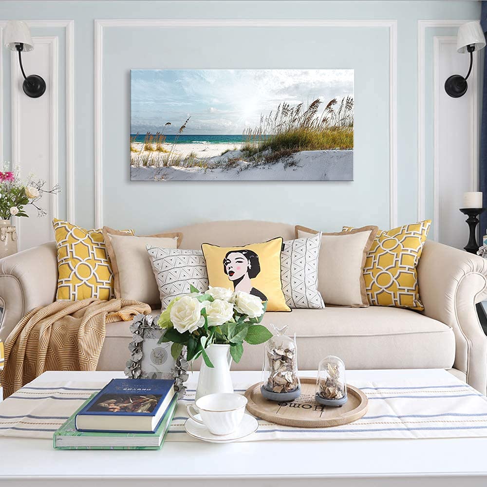 Ocean Beach Wall Art Framed Canvas Print - 24x48 Inch Coastal Decor for Bedroom, Living Room, Office & Bathroom - Sunshine Sea Waves Painting for Home & Vacation Rental Decor