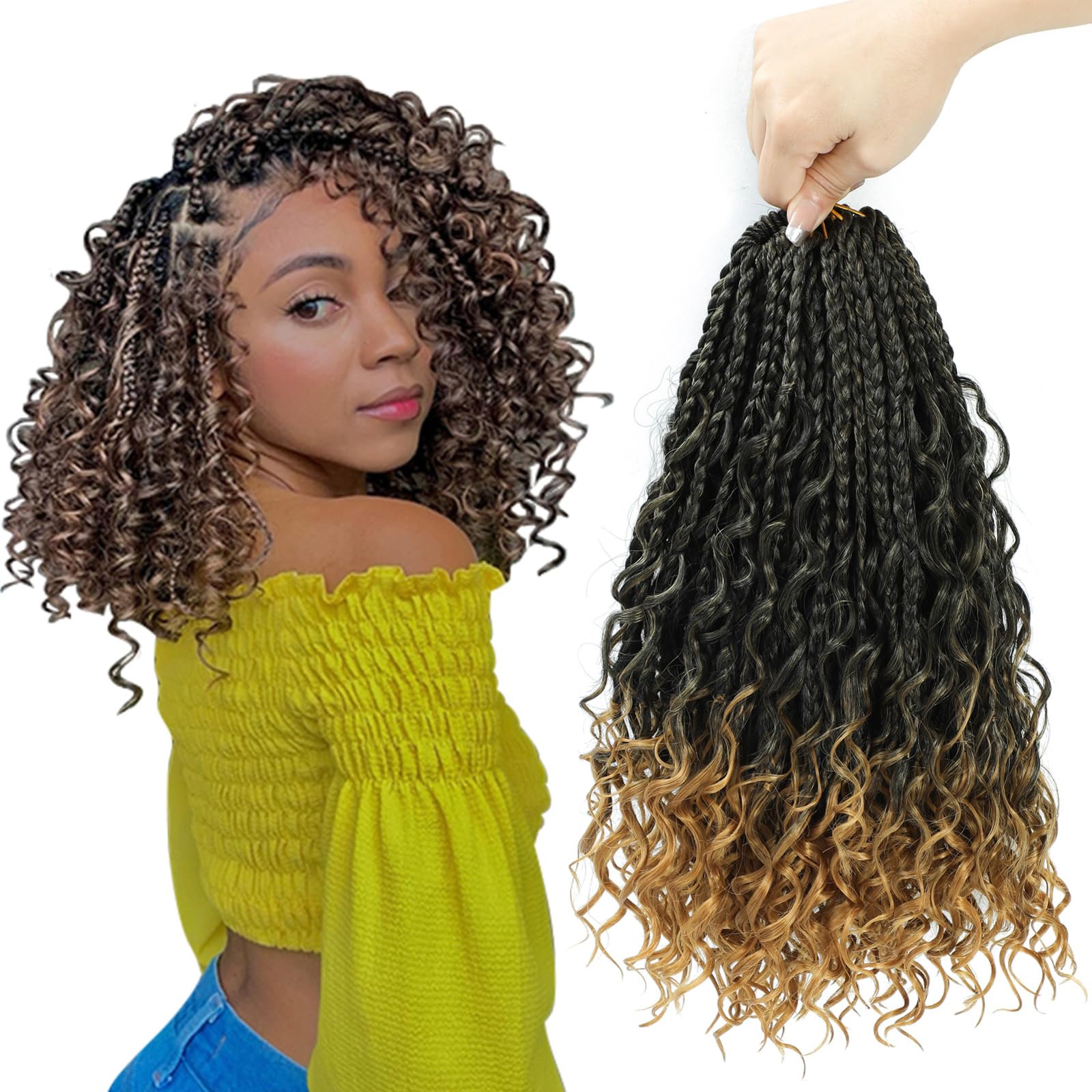 8 Packs Box Braids Crochet Hair Extensions - 12 Inch Synthetic Braiding Hair with Curly Ends (1B/27 Color) | Perfect for Protective Styles, Twist Outs & Everyday Wear