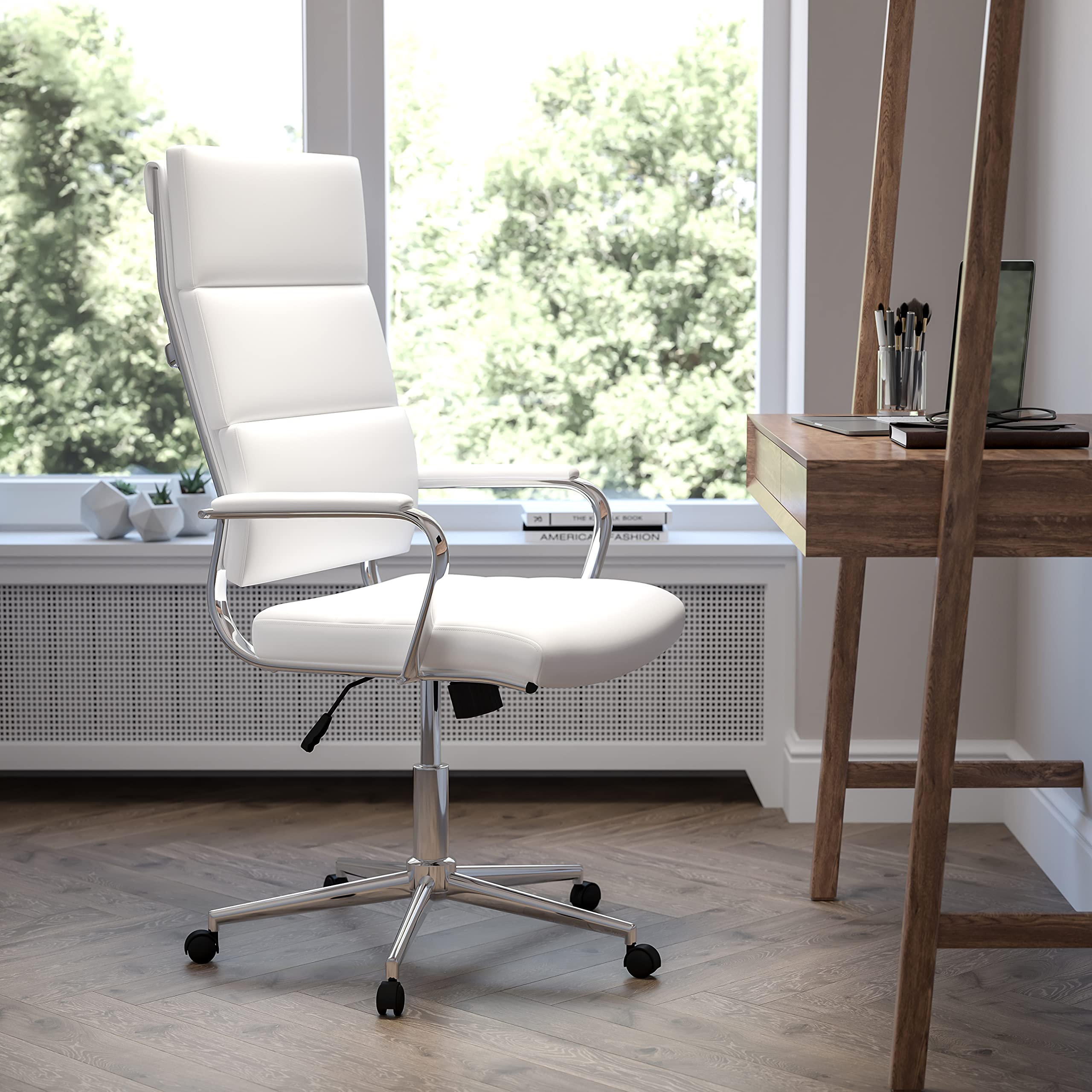 EMMA + OLIVER High Back White LeatherSoft Contemporary Panel Executive Swivel Office Chair - Ergonomic Desk Chair for Home & Office Workspace - Perfect for Long Hours of Sitting, Computer Work, and Video Conferencing