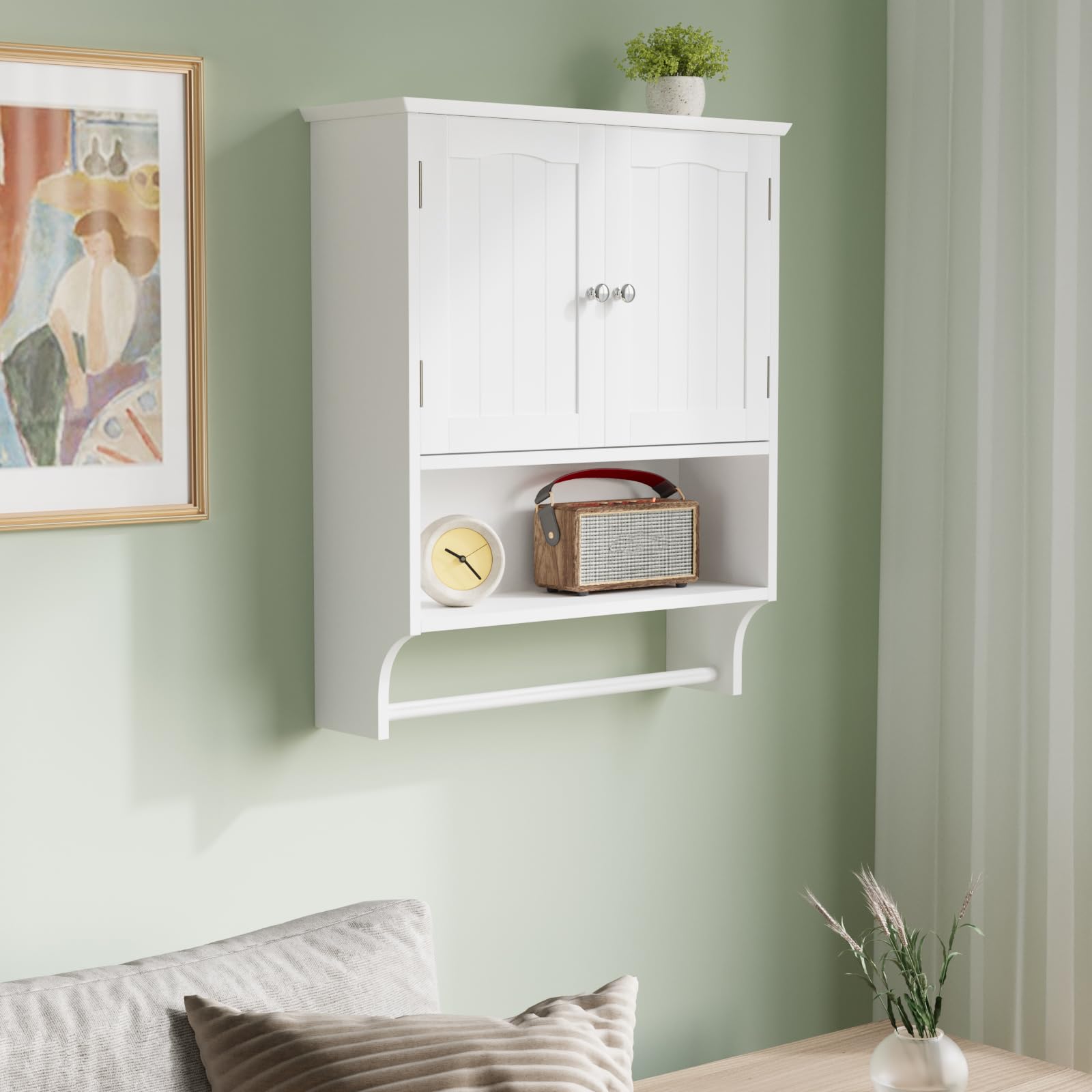 Smuxee White Wall Mounted Bathroom Cabinet with Towel Bar - 2 Door Adjustable Shelves Medicine Cabinet | Space Saving Over Toilet Storage for Bathroom, Laundry Room & Kitchen Organization