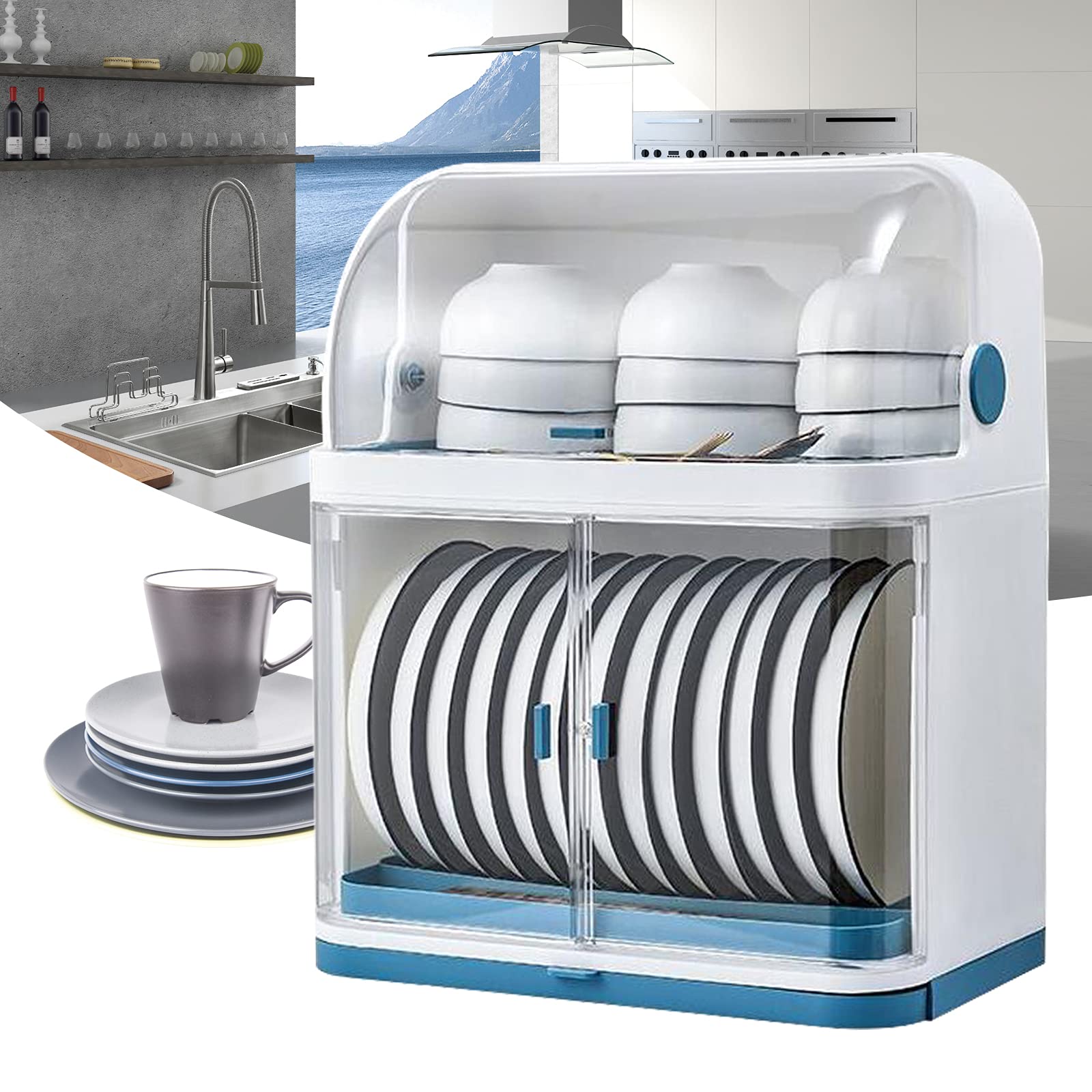 2-Tier Dish Drying Rack with Drain Board & Transparent Dust Cover - Space Saving Kitchen Organizer for Plates, Cups, Utensils - Perfect for Small Kitchens, Apartments & RVs