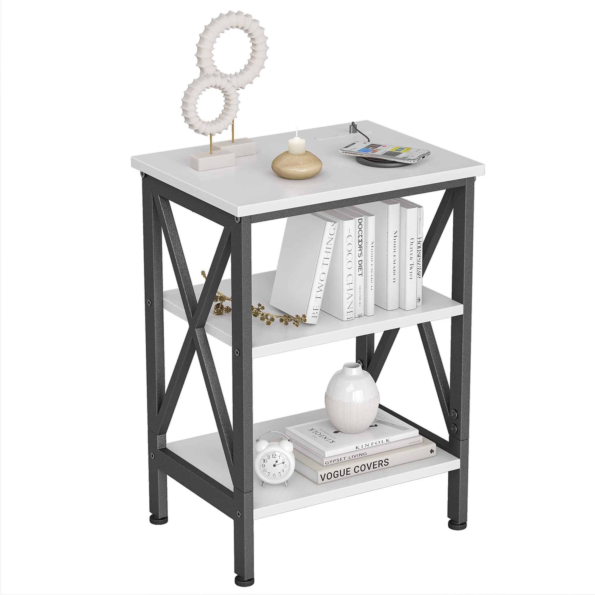 CubiCubi White Oxford Side Table with Dual USB Charging Ports - Rustic Wooden Shelves Steel Frame End Table - Perfect Nightstand for Bedroom or Living Room Decoration - Ideal for Charging Devices & Displaying Books/Decor