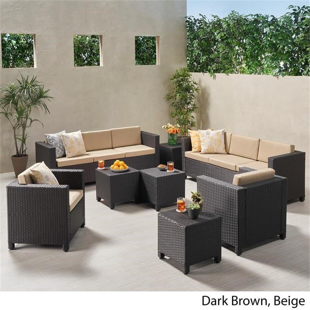 Noble House Puerta Outdoor 8-Piece Patio Conversation Set with 2 Side Tables - Weather-Resistant Brown Wicker Furniture for Garden, Poolside or Backyard Relaxation