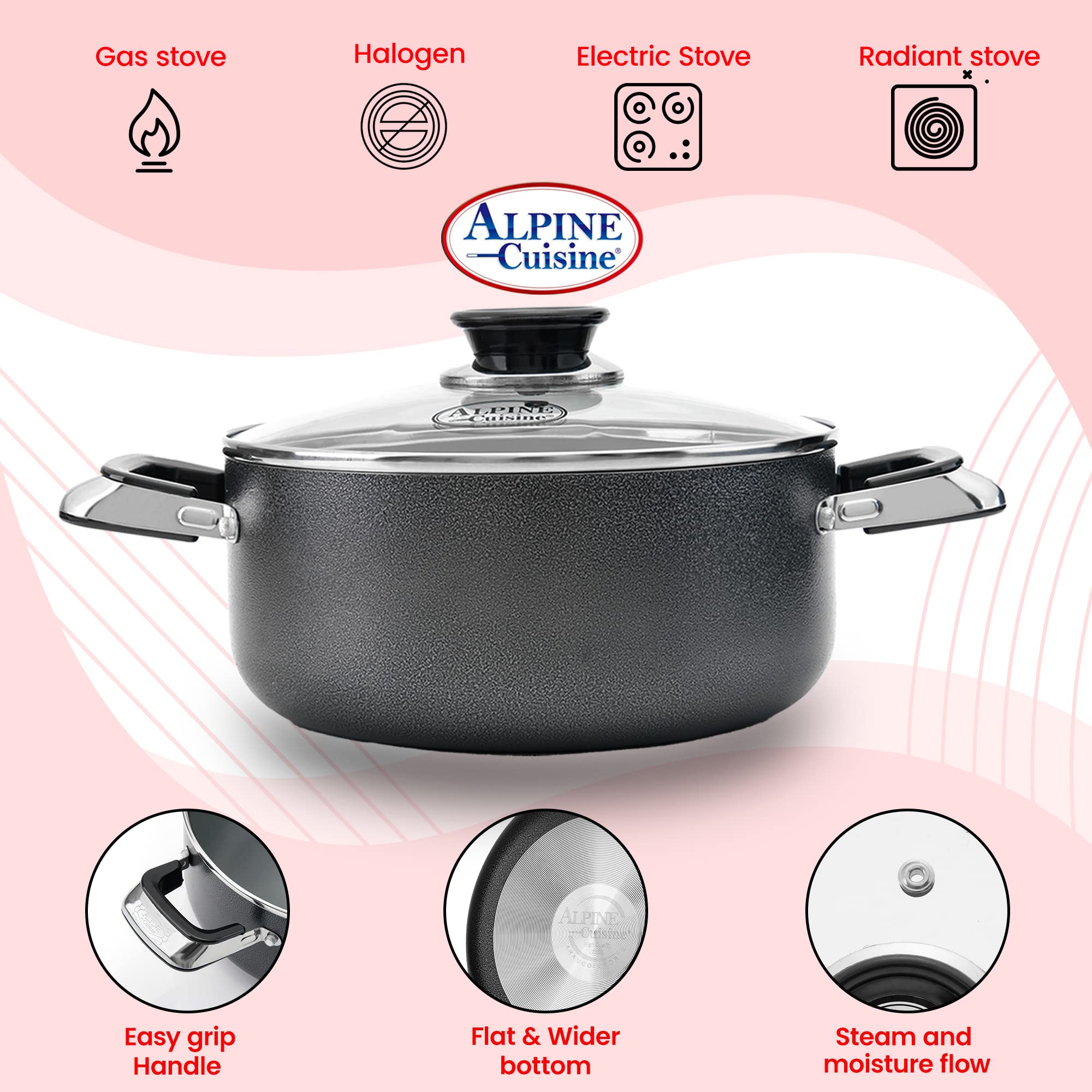 Alpine Cuisine 4 Quart Non-Stick Aluminum Dutch Oven with Tempered Glass Lid - Multi-Purpose Cookware for Braising, Boiling, Stewing - Perfect for Soups, Stews & Family Meals