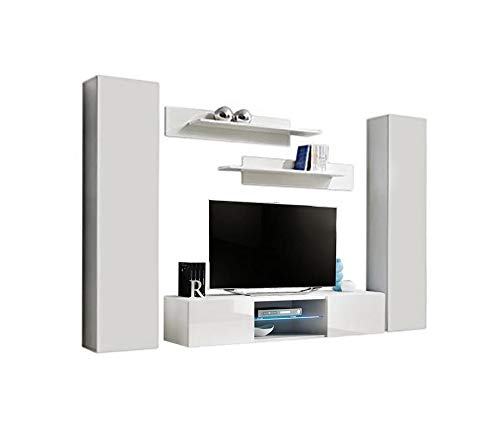 Modern White Wall-Mounted TV Stand with Storage Shelves & LED Lights - 33