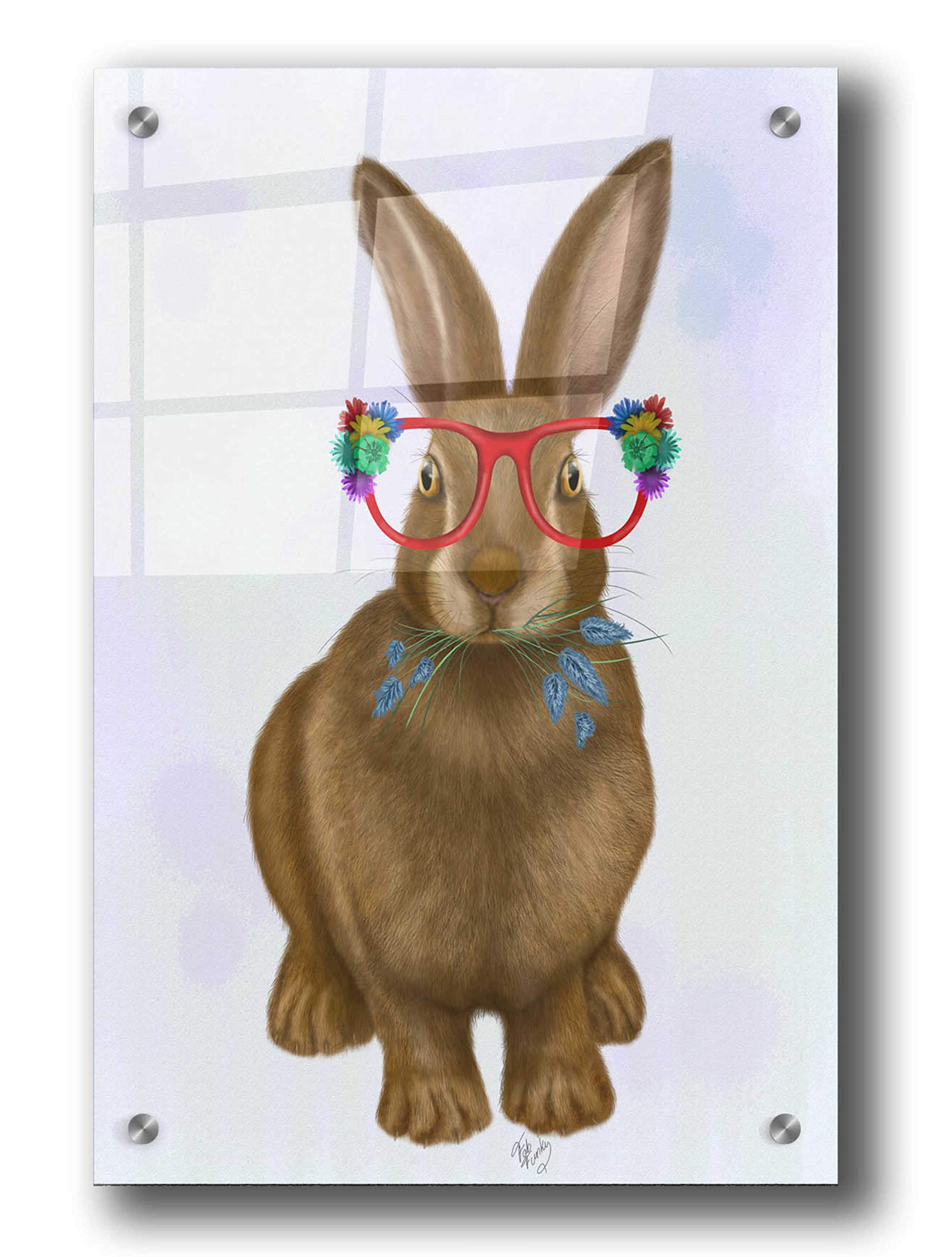 Fab Funky 'Rabbit and Flower Glasses' Acrylic Wall Art Painting - 24x36 Inch Modern Home Decor for Living Room, Bedroom & Office