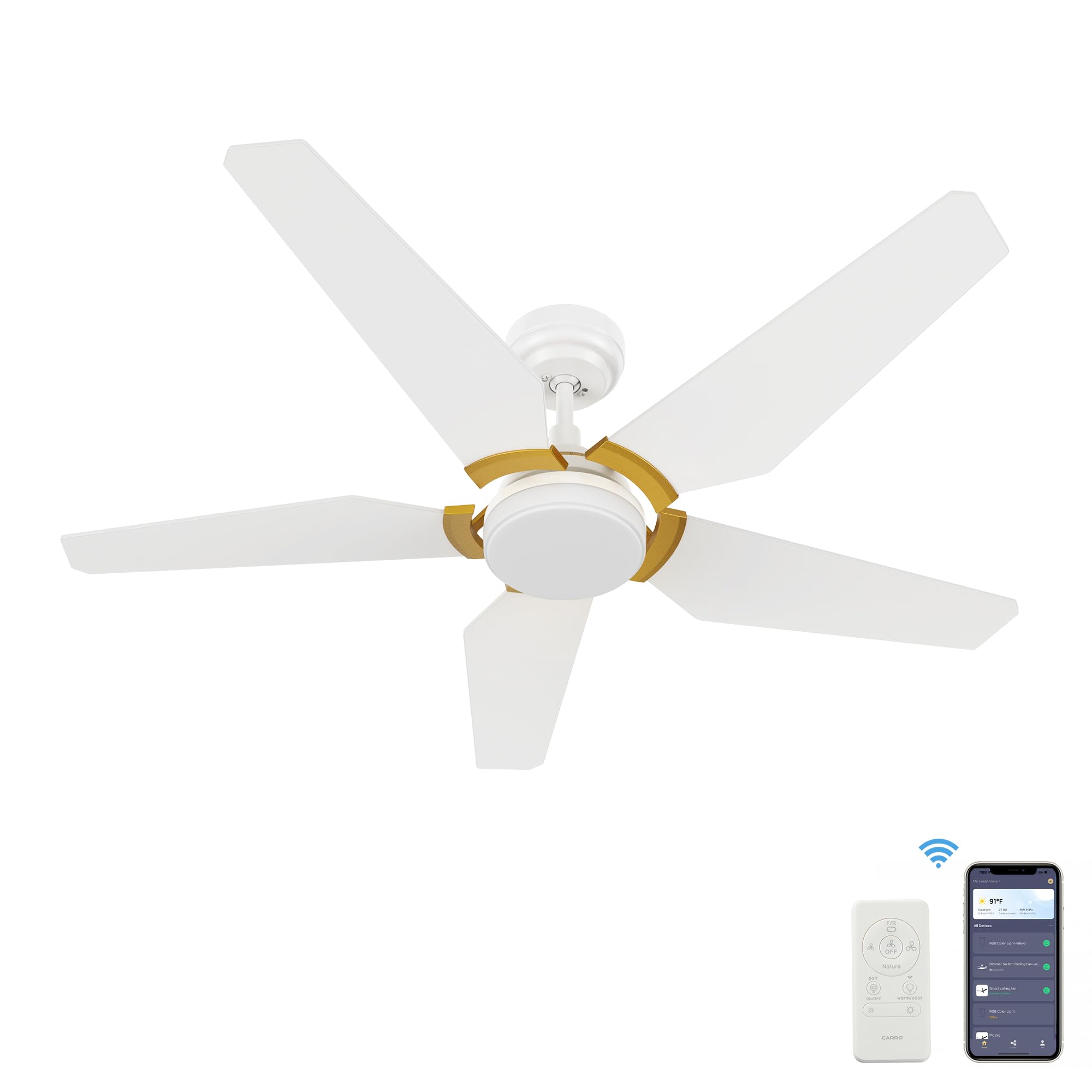 52 Inch Smart Ceiling Fan with Light - 5 Blade Low Profile Outdoor Ceiling Fan, 10 Speed DC Motor & Dimmable LED - Works with APP/Alexa/Google Assistant/Siri Shortcuts (White & Gold) - Perfect for Patio, Deck, Gazebo and Outdoor Living Spaces