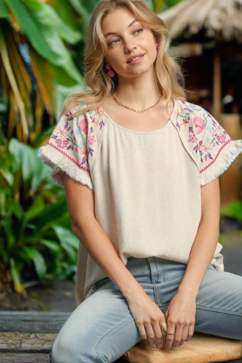 Boho Linen Top for Women - Round Neck High Low Hem Frayed Details - Casual Summer Beachwear & Festival Outfit
