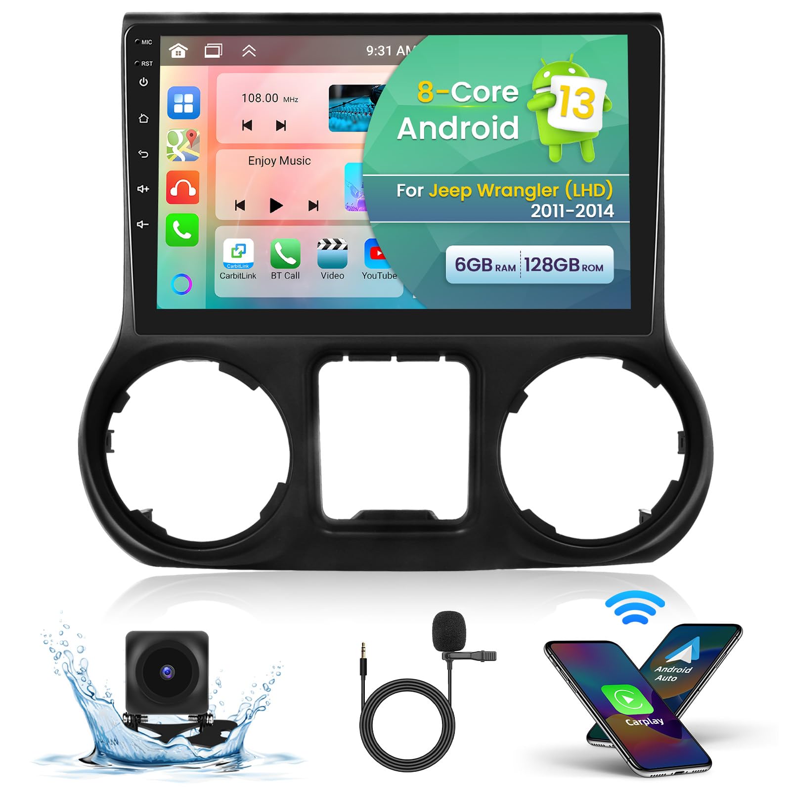 Roinvou 8-Core 6+128GB Android Car Stereo for Jeep Wrangler 2011-2014 (LHD) | 10.1