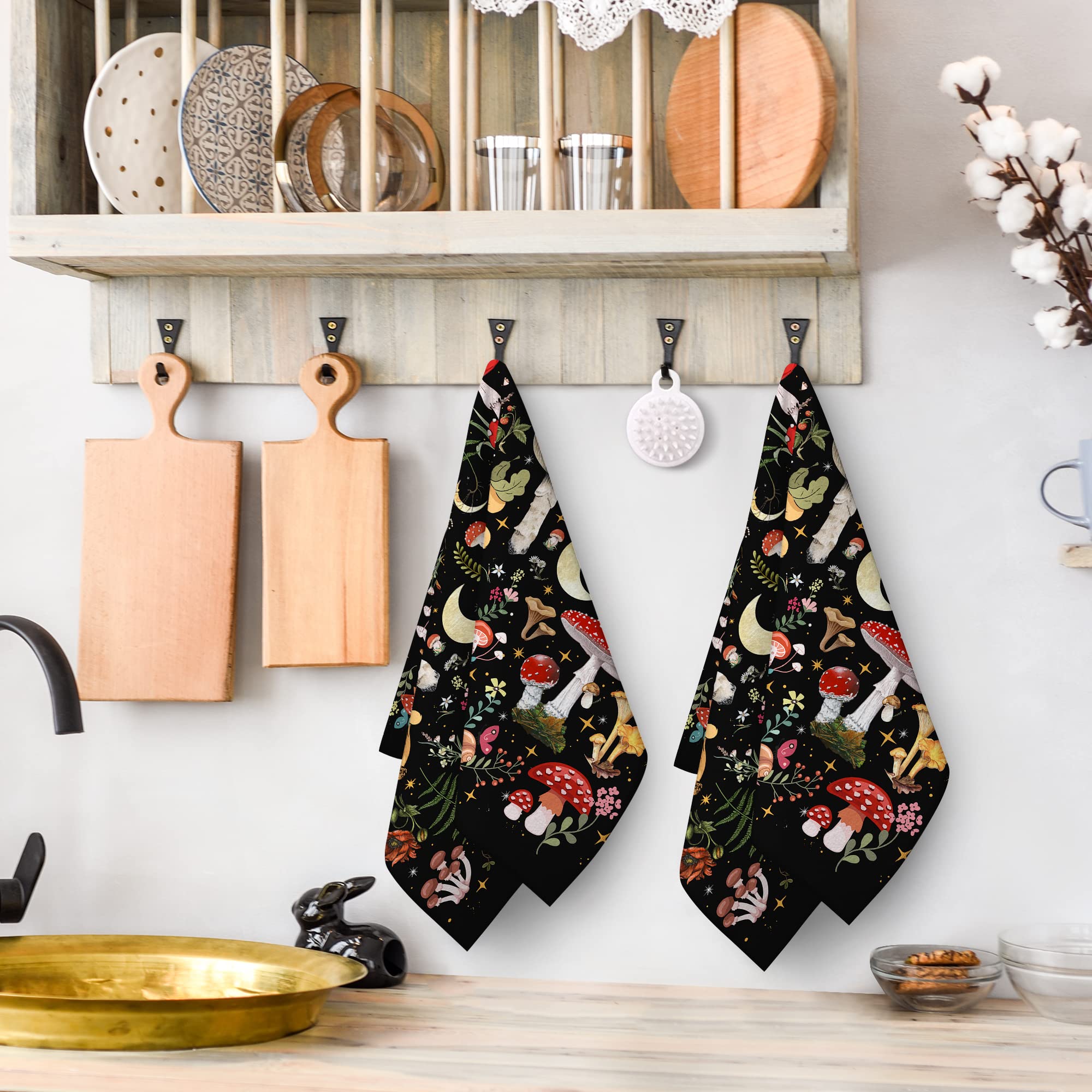 Farmhouse Kitchen Towels Set - 16x24 Inch Absorbent Dish Towels for Drying Dishes & Decor (Mushroom Moth Pattern) - Perfect for Rustic Kitchens, Country Homes & Farmhouse Style Decor