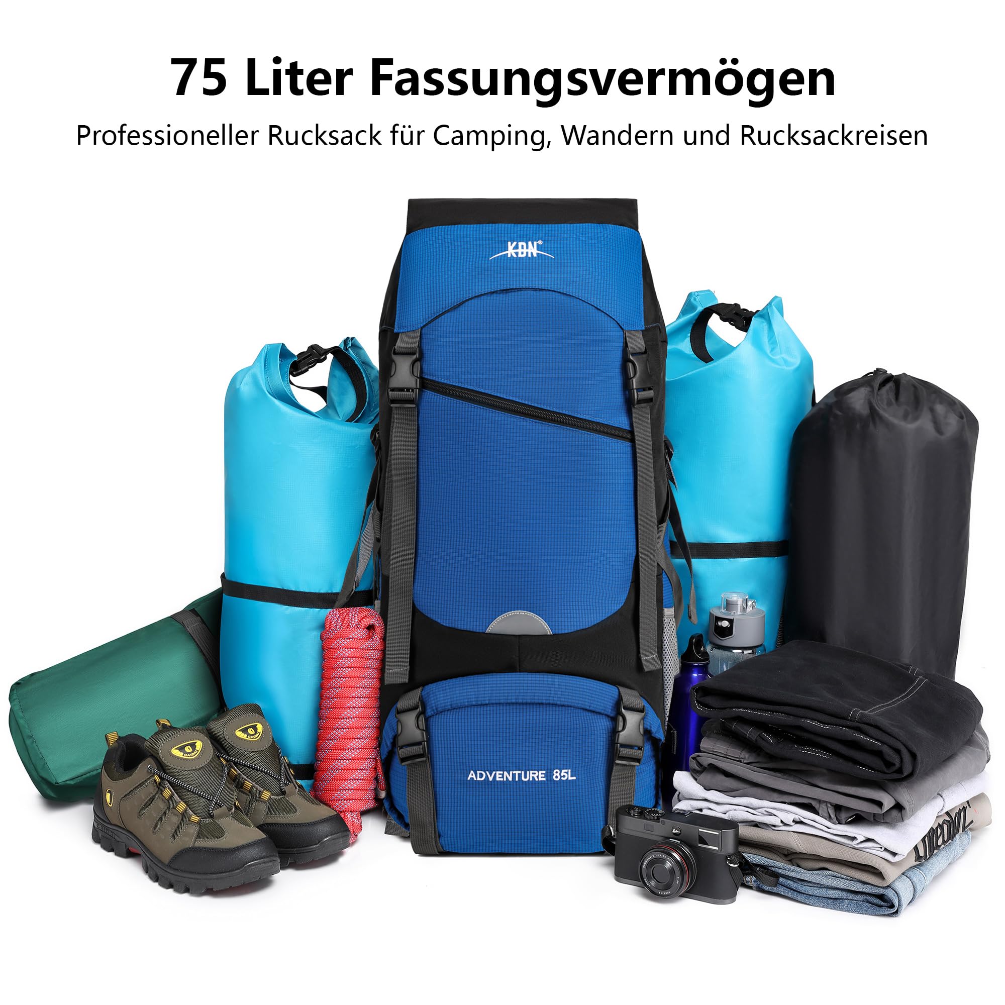 Fannos 75L Waterproof Hiking Backpack for Men & Women - Lightweight Travel Rucksack with Multiple Pockets (Blue) - Perfect for Outdoor Adventures, Camping & Daily Commute