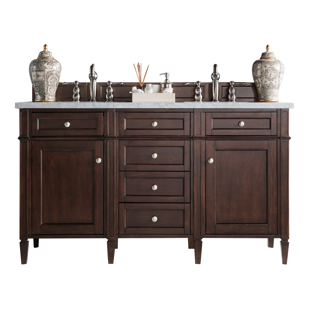 Brittany 60-Inch Burnished Mahogany Double Vanity with 3CM Eternal Jasmine Pearl Quartz Top - Luxury Bathroom Vanity Set for Master Bath & Guest Bath Remodel