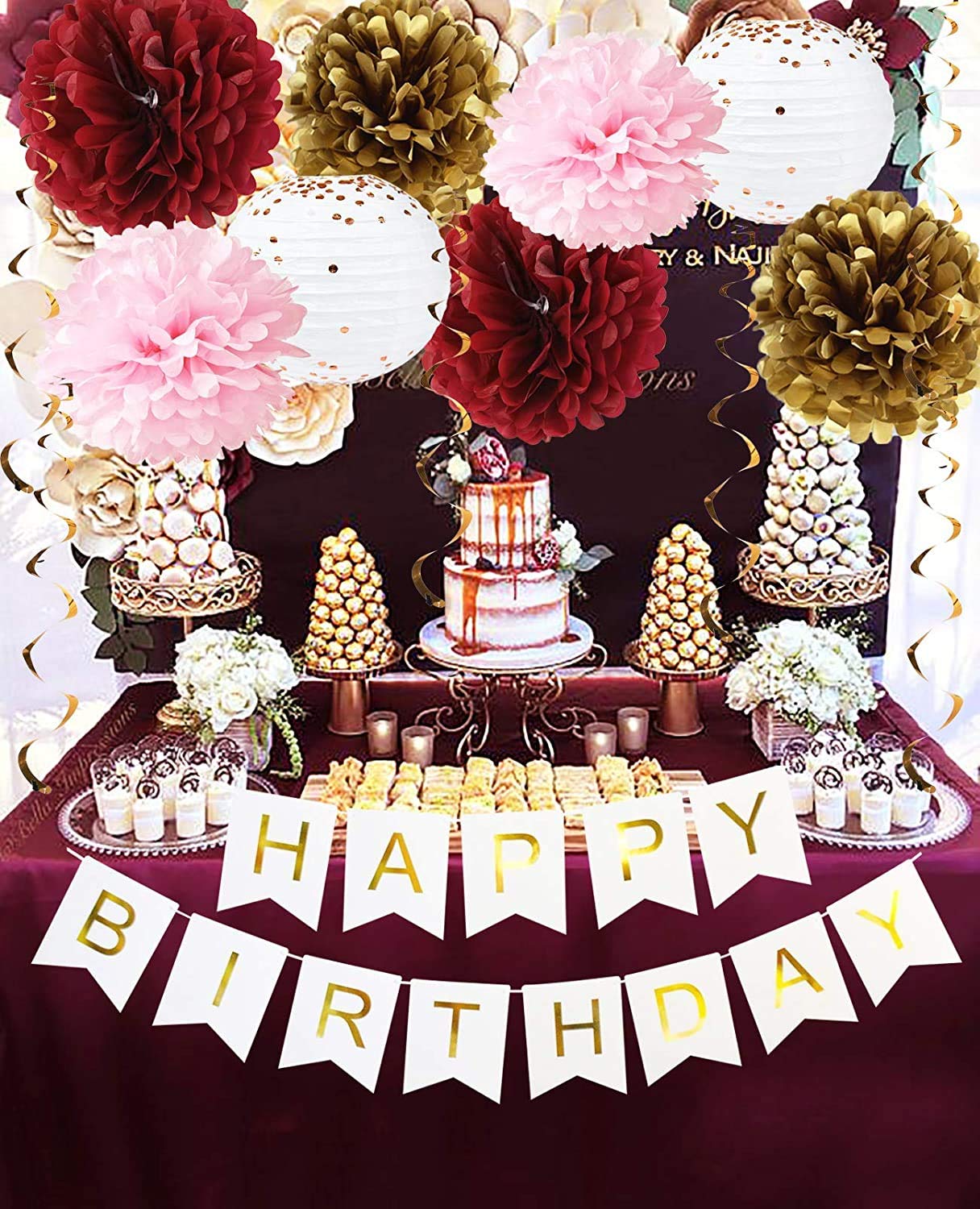 Burgundy Pink Gold Happy Birthday Banner & Polka Dot Paper Lanterns - Fall Birthday Party Decorations Set for Autumn, Halloween, Thanksgiving Celebrations - Perfect for Home, Office & Outdoor Decor