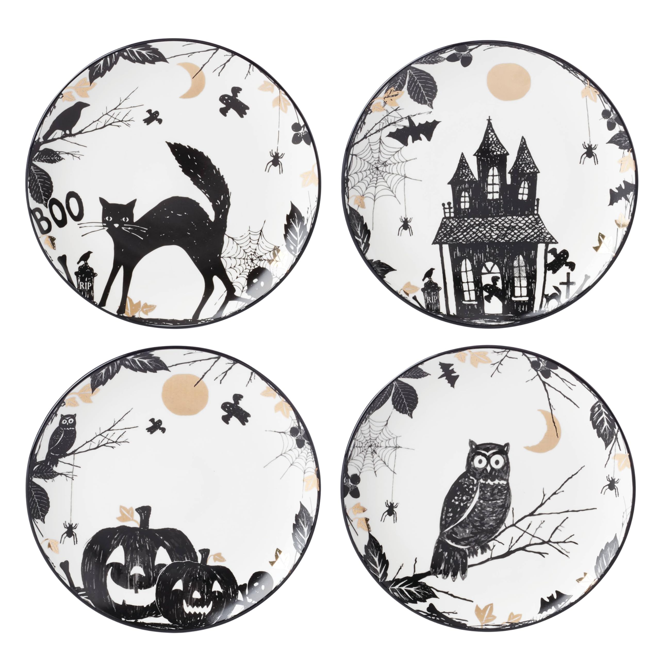 Lenox 896871 Vintage Halloween Haunted Accent Plates - Set of 4 Assorted Spooky Dinner Plates for Halloween Party Decor, Dinnerware & Seasonal Table Setting
