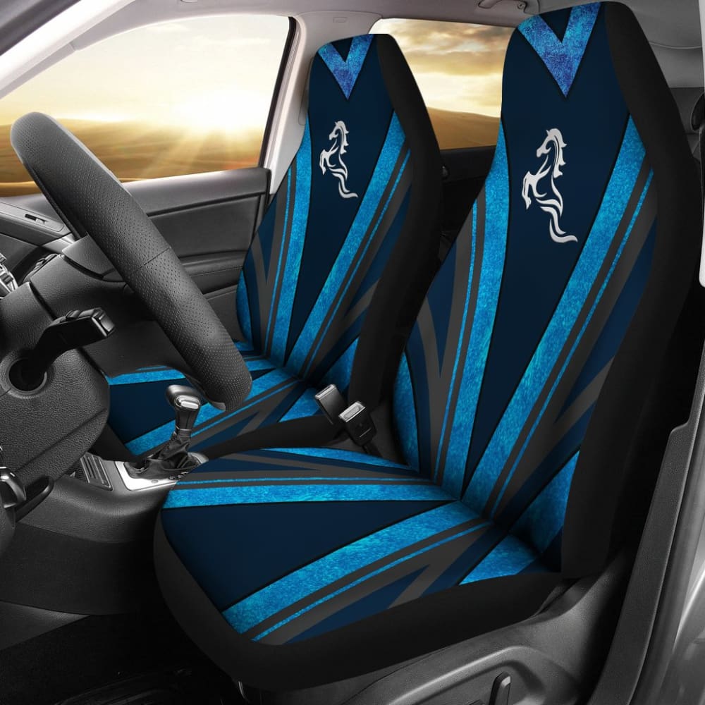 Premium Mustang Horse Metallic Blue Printed Car Seat Covers - Universal Fit for Ford Mustang Models - Perfect for Road Trips & Car Enthusiasts