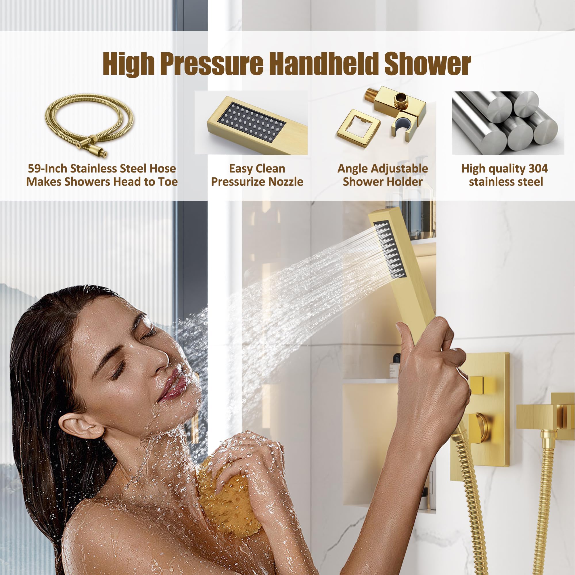 ESNBIA 12 Inch Gold Shower System - Pressure Balance Shower Valve with High Pressure Gold Shower Head & Handle Set - Wall Mounted Brushed Gold Bathroom Fixtures for Luxury Spa Experience at Home