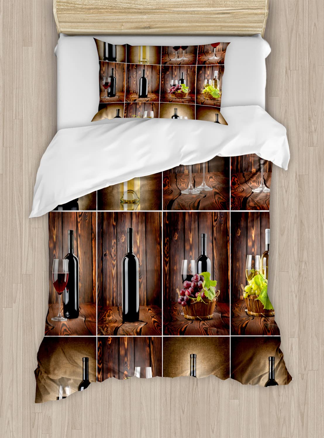 Ambesonne Wine Themed Duvet Cover Set - Rustic Country Design with Grapes and Meat Collage on Wooden Backdrop - 2 Pack Twin Size Bedding Set (2 Duvet Covers & 2 Pillowcases) - Brown, Black, Red - Perfect for Farmhouse Decor, Wine Lover's Bedroom, and Country Style Home