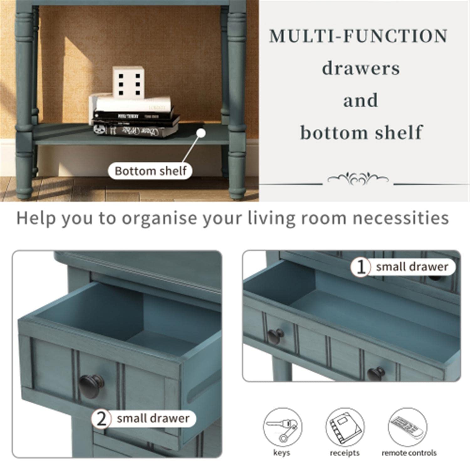 Modern Navy Wood Console Table with Storage Drawers & Open Shelf - Entryway Sofa Table, Hallway Side Table for Living Room, Bedroom & Home Decor | Perfect for Small Spaces & Apartment Entryways