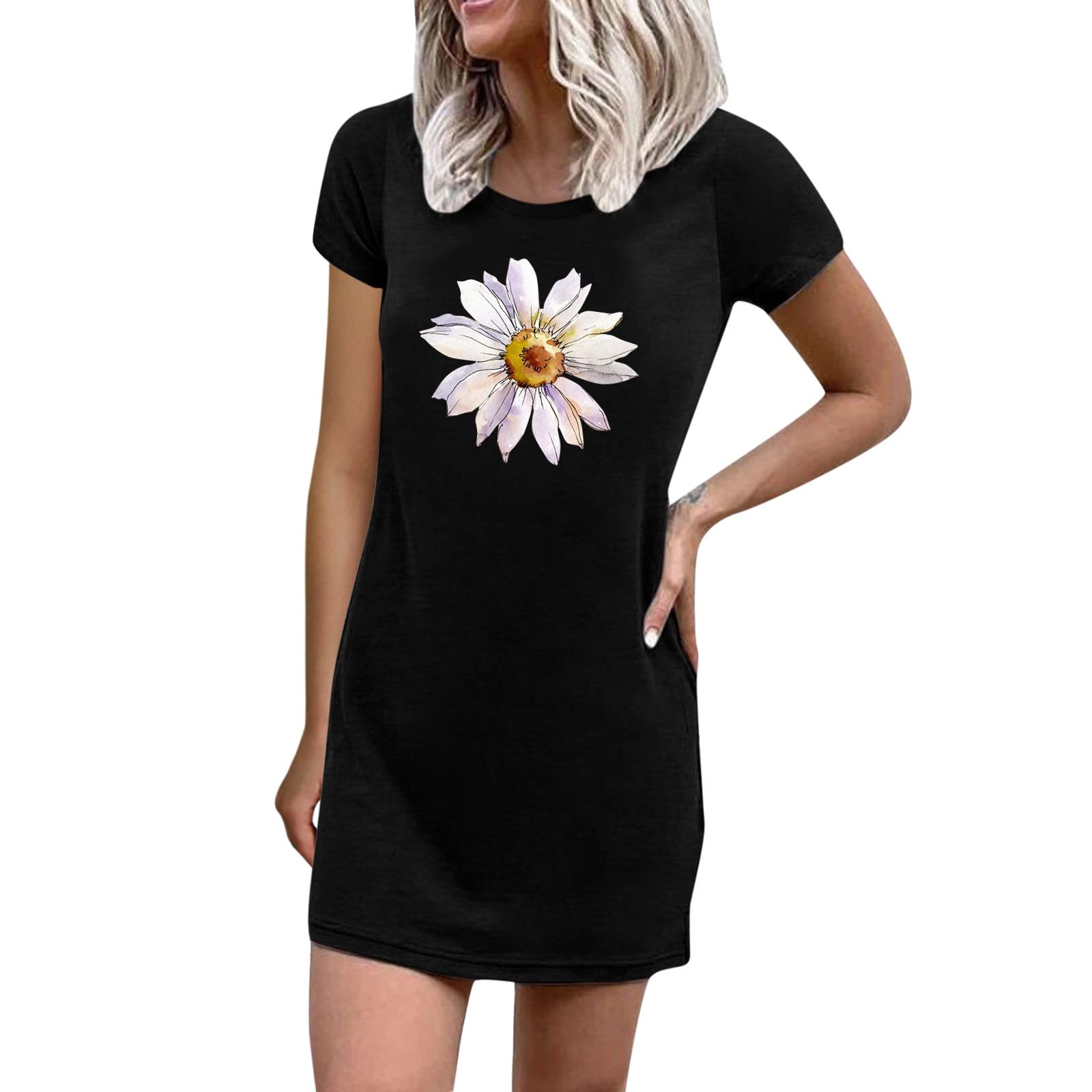 Women's Flats Size 9 | Crew Neck Floral Print T-Shirt Dress - Casual Summer Dress for Women | Perfect for Beach, Office & Date Night
