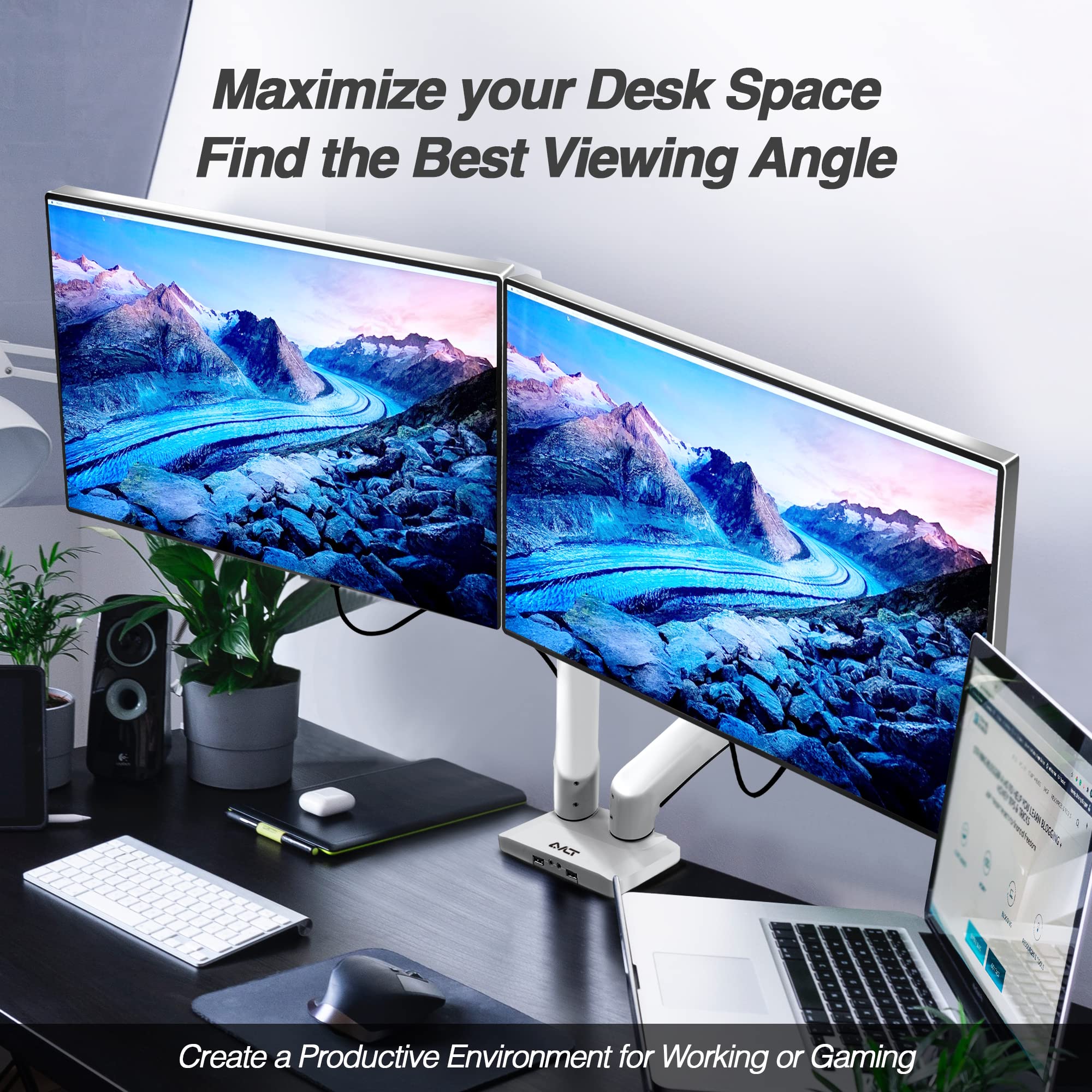 AVLT Dual Monitor Arm 13-43 Inch - Adjustable Full Motion Desk Mount for 2 Flat or Curved Screens with Height, Swivel, Tilt & Rotation - White (VESA 75x75/100x100) - C-Clamp/Grommet Mount & Cable Management - Perfect for Home Office, Gaming Setup & Workstation