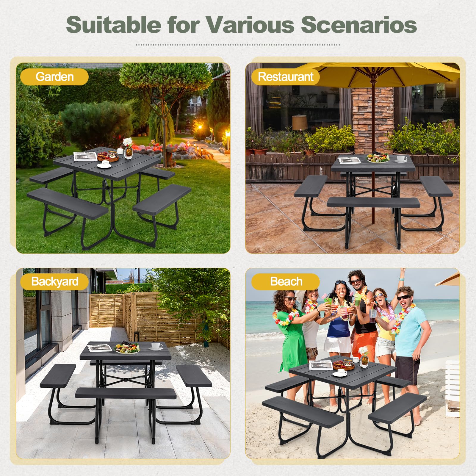 Tangkula 8-Person Outdoor Square Picnic Table with 4 Built-in Benches - Heavy Duty Metal Frame & HDPE Tabletop - Umbrella Hole - Perfect for Garden, Backyard, Patio, Park, Camping & BBQ Parties (Black)