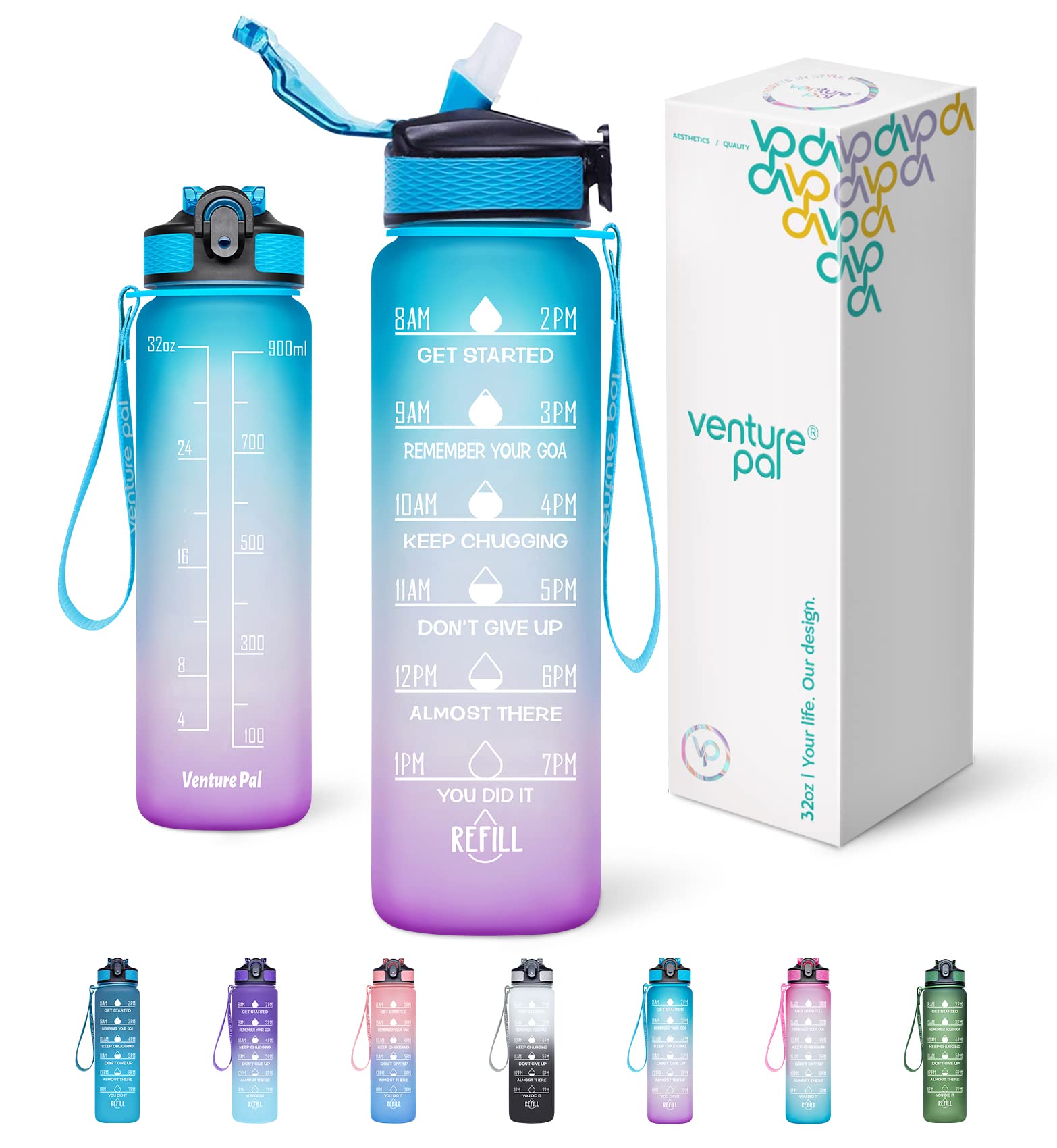 Venture Pal 32 oz Motivational Water Bottle with Straw & Time Marker - Track Daily Water Intake, Leak-Proof, BPA-Free - Perfect for Gym, Hiking, Office & School Hydration