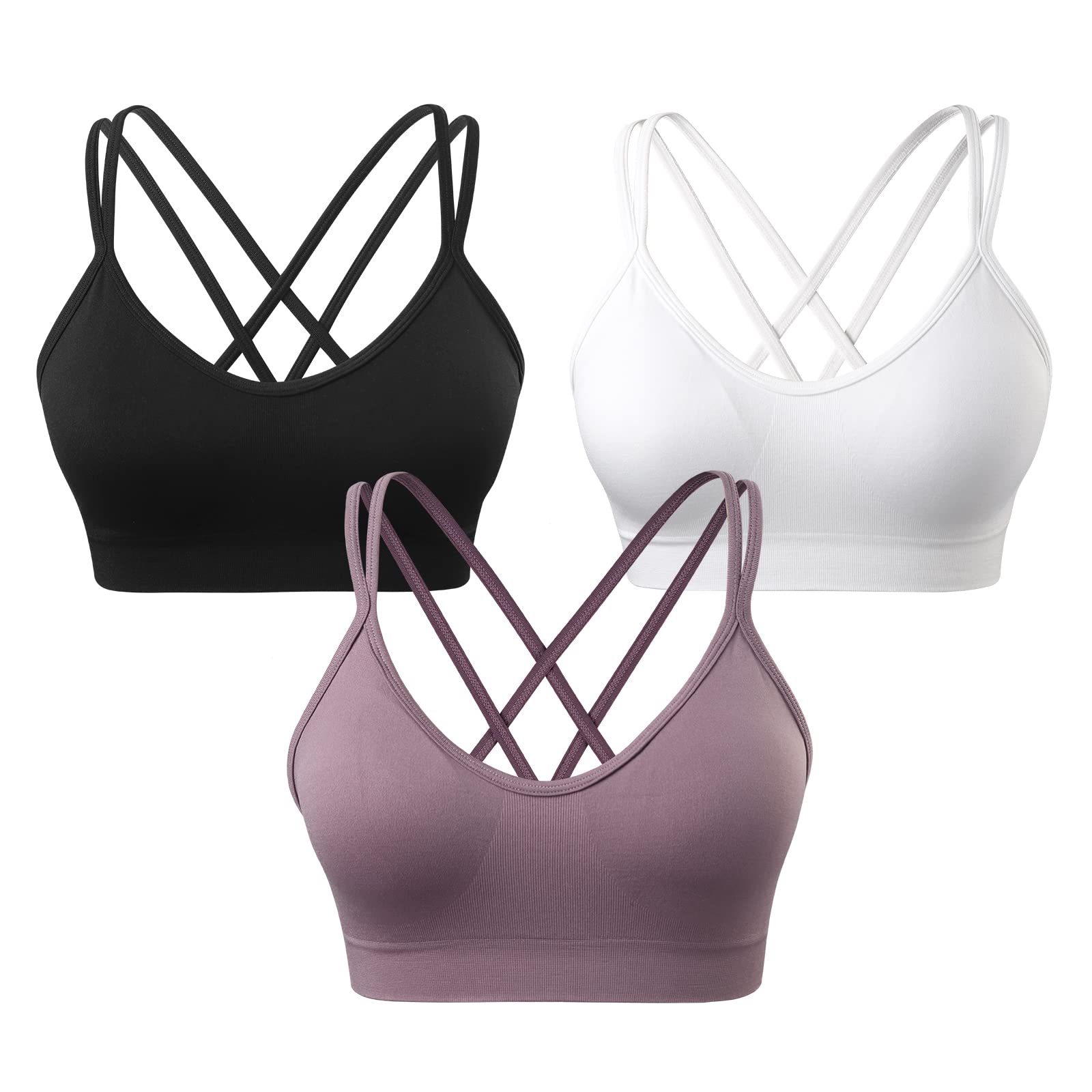 VEQKING Women's Cross Back Sports Bra - Padded Medium Support Yoga Bras for Workout & Fitness (3 Pack) | Gym, Running, Yoga & Activewear