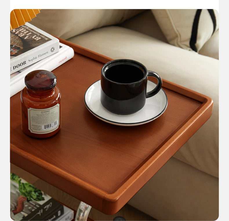 Modern Double Layer C-Shaped Mobile Side Table - Poplar Wood Nightstand for Bedroom, Living Room, Office - Portable End Table with Storage Shelf