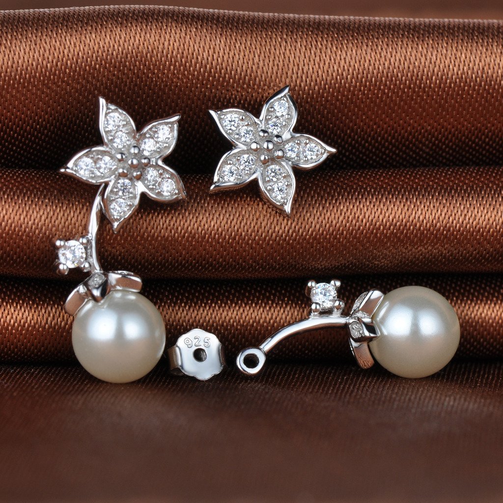 925 Sterling Silver Elegant Earring Jackets with Cubic Zirconia & Simulated Pearl Flower Studs - Perfect for Weddings, Parties & Everyday Wear