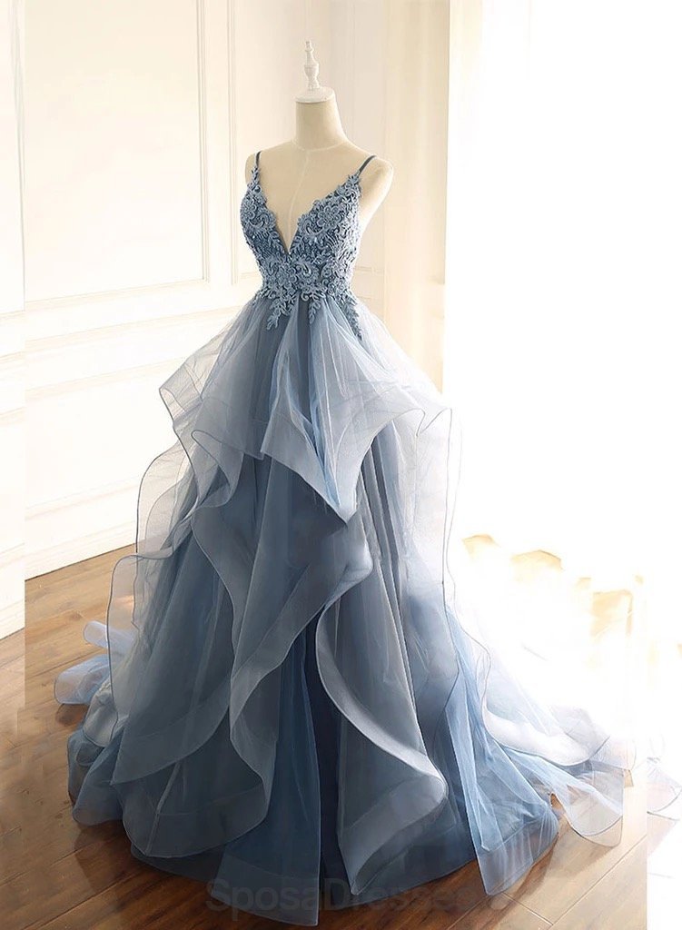 Elegant Dusty Blue V-Neck Spaghetti Strap Lace Beaded Prom Dress | Formal Evening Gown for Homecoming, Wedding, Party | Style 12170