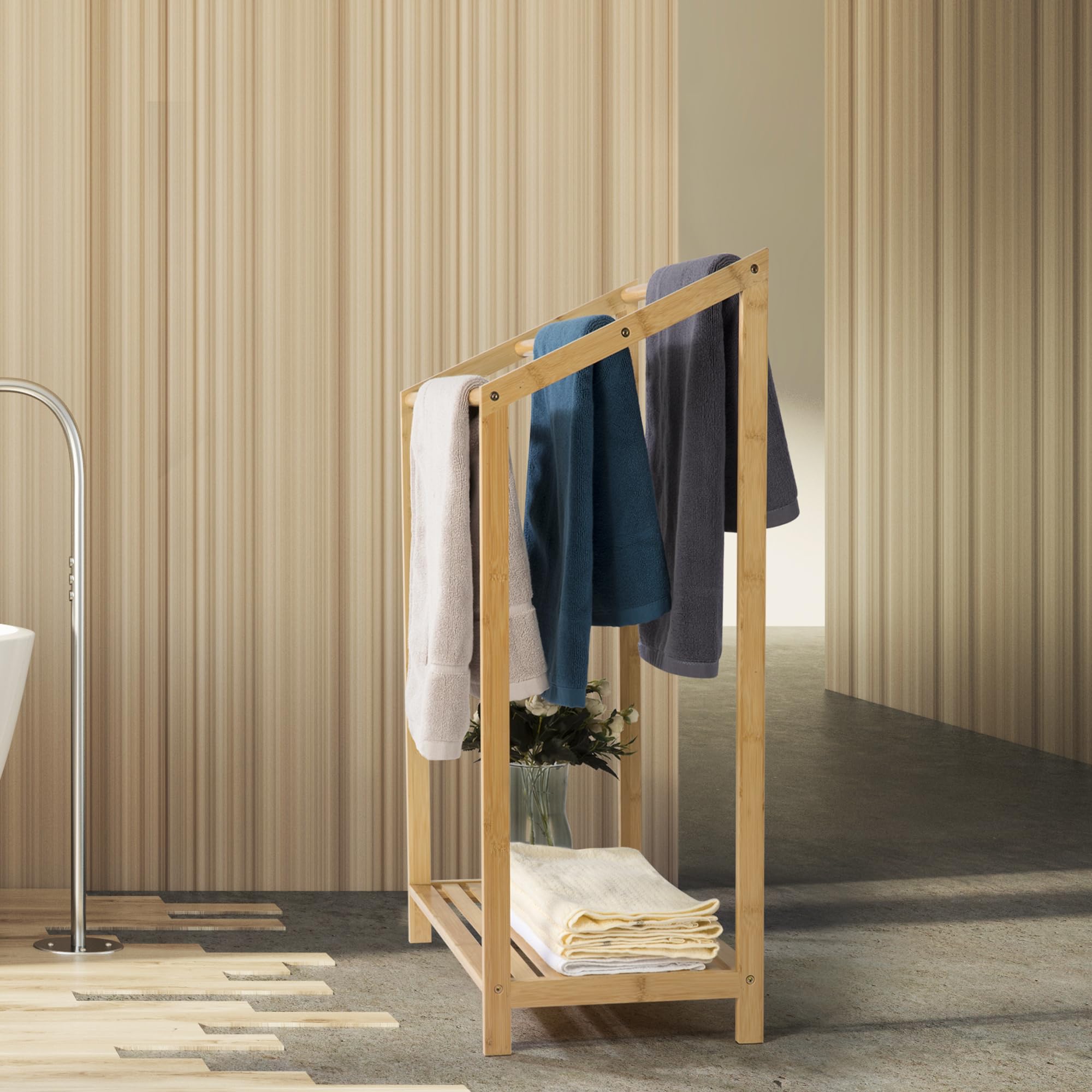 Bamboo Towel Rack Stand | Freestanding Hand Towel Holder with Storage Shelf | Bathroom, Bedroom & Laundry Room Organizer | Perfect for Small Spaces & Blanket Storage
