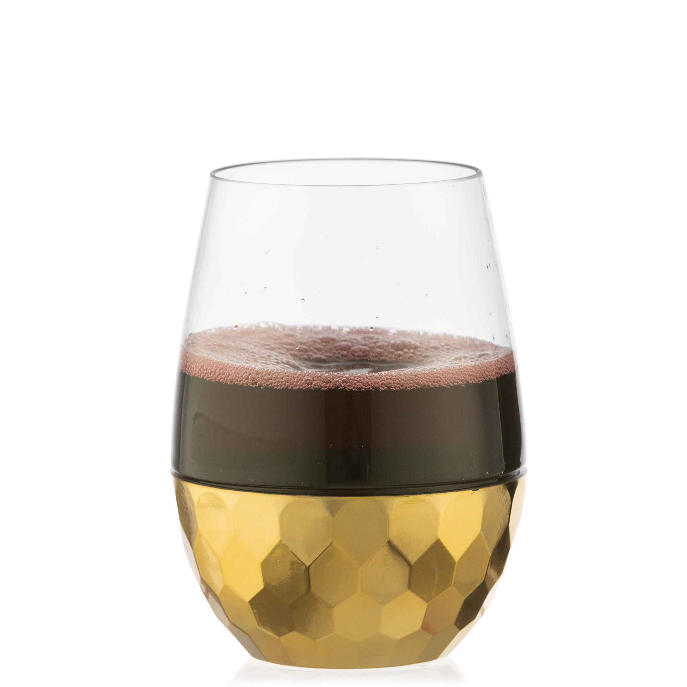 16 Oz Clear Stemless Wine Glasses with Hammered Gold Design - Set of 6 Shatterproof Goblets for Wedding, Party & Home Entertaining