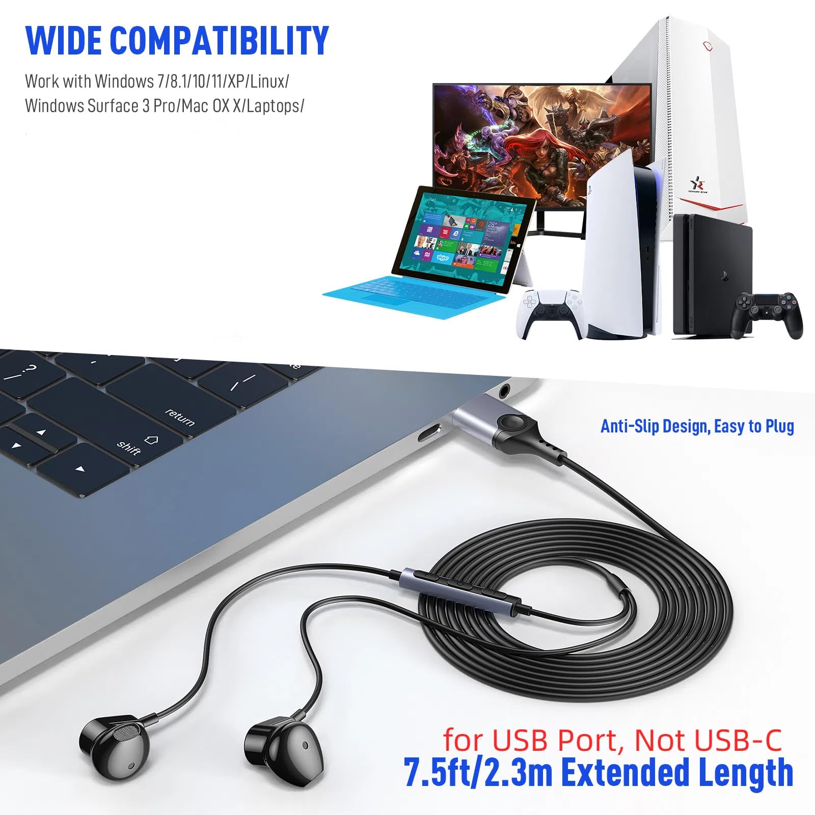 HGCXING USB Wired Headphones with Mic & Mute Control - 7.5ft Magnetic Noise Isolating Earbuds for PC, Laptop, MacBook Pro - Perfect for Office Work, School, Zoom Meetings & Gaming