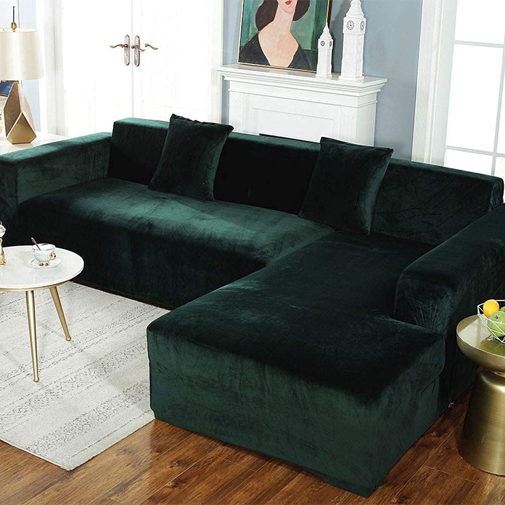 Klzzuk 2-Piece L-Shaped Sectional Sofa Cover - Dark Green Chaise Lounge Slipcover with 2 Pillowcases for 3+3 Seater Couches | Perfect for Living Room, Family Room & Home Theater Furniture Protection