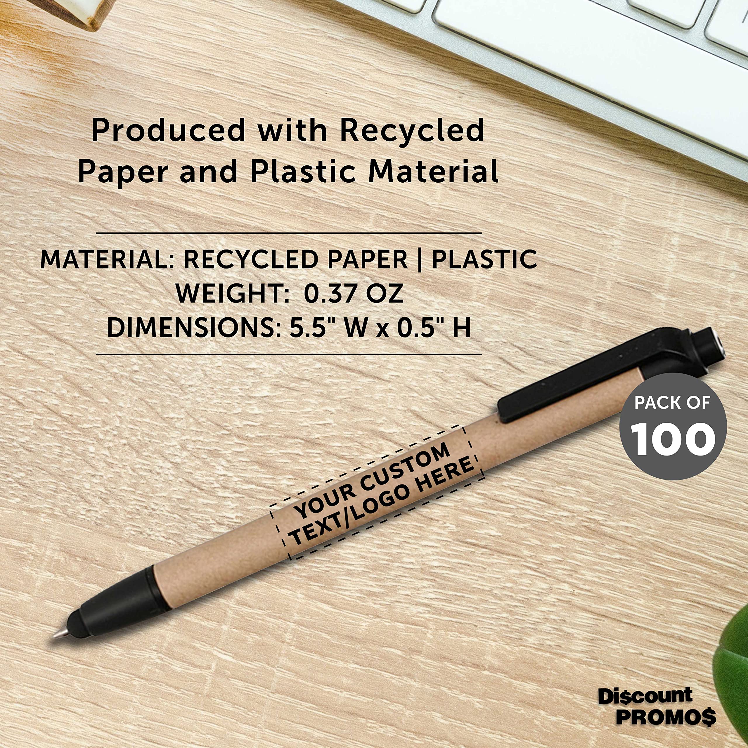 100 Pack Retractable Ballpoint Stylus Pens - Custom Printed with Text/Logo - Eco-Friendly Recycled Black Ink Pens for Office, School, Note-Taking & Digital Devices